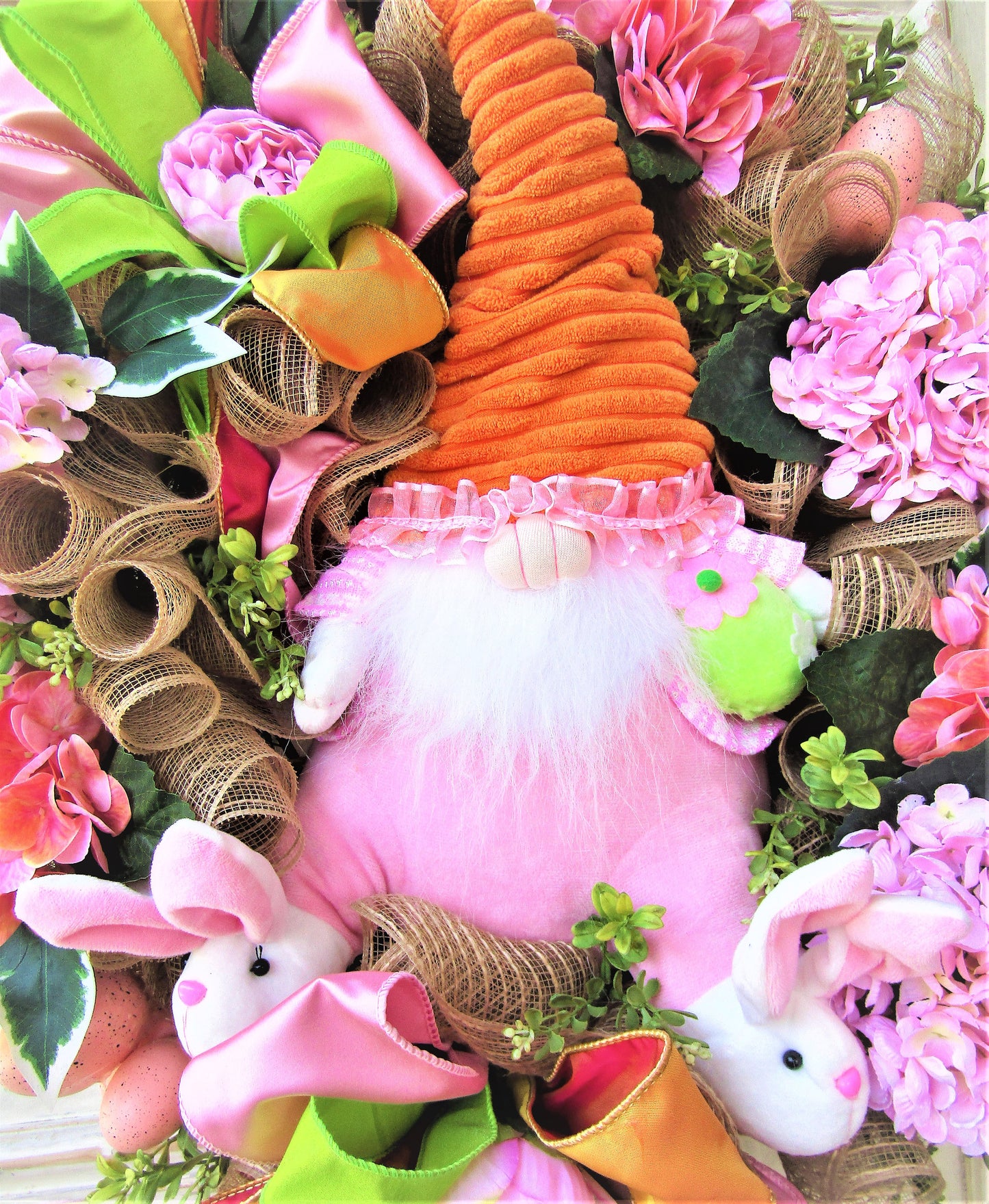 Spring Gnome Wreath for Front Door, Large Gnome Wreath, Spring Door Decor, Spring Porch Decor, Hydrangea Wreath, Mother's Day Gift