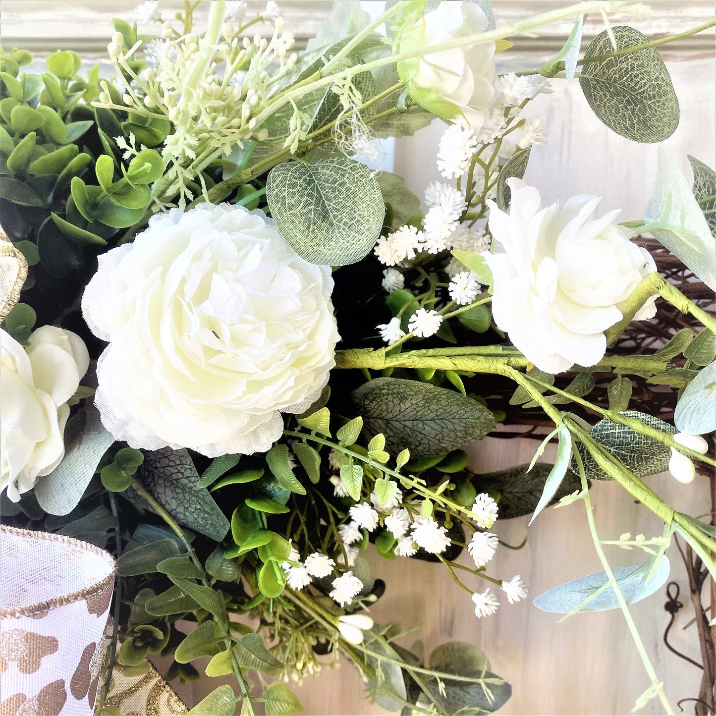 Everyday Farmhouse Wreath for Front Door, Square Wreath for Door, Neutral Wreath, White Grapevine Wreath, Large Outdoor Wreath