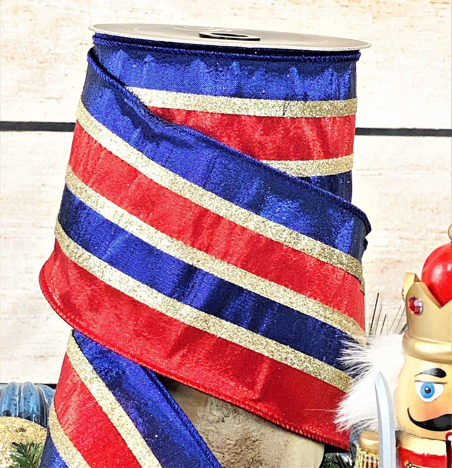 Nutcracker Ribbon, Red Blue and Gold Stripe Ribbon, Christmas Ribbon, 4 Inch Wired Ribbon, Wreath Making Supply, Floral Ribbon, Red Ribbon