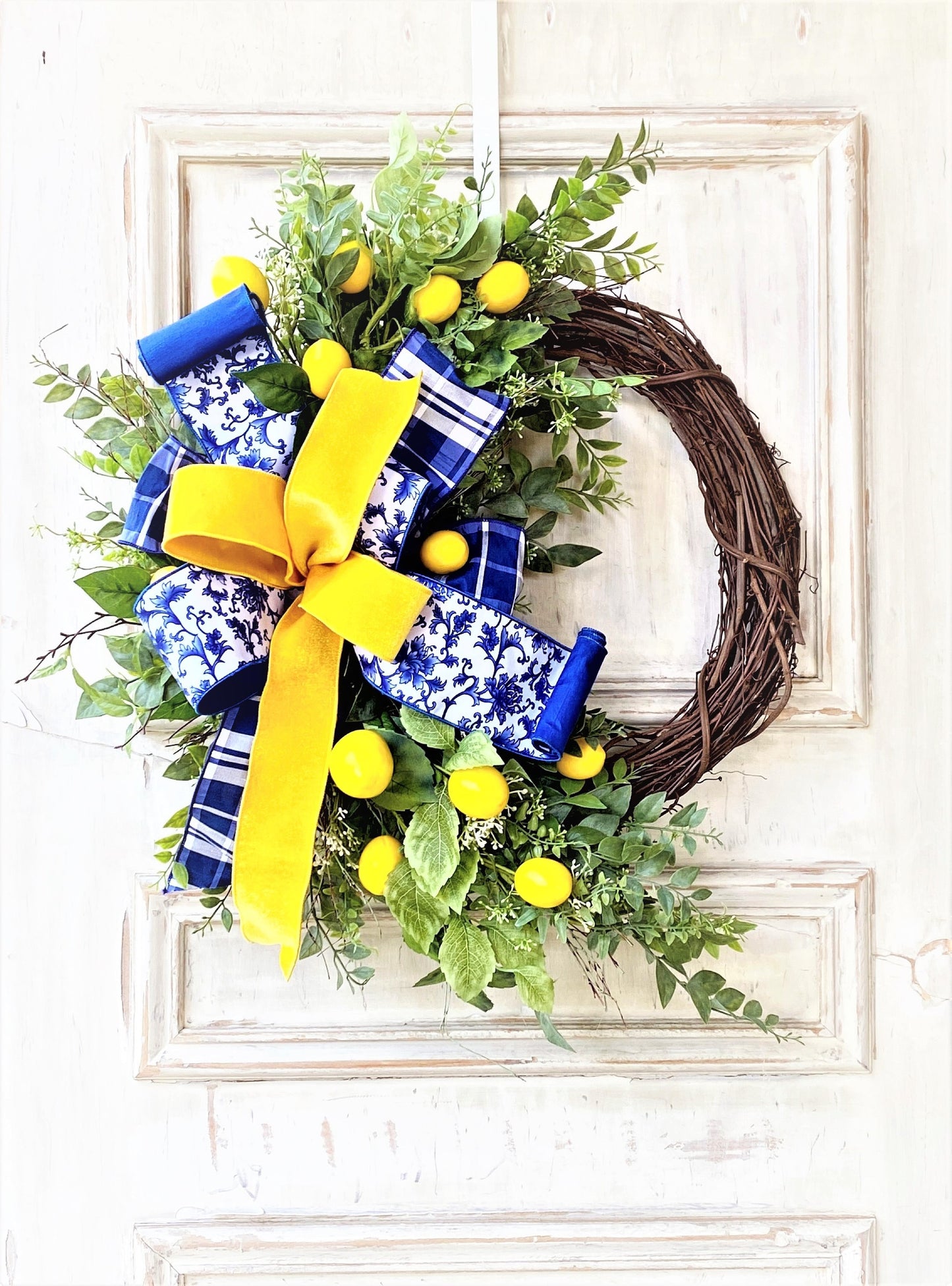 Lemon Wreath for Front Door, Everyday Wreath, Spring Wreath, Blue and Yellow Wreath, Mother's Day gift, Summer Wreath, Front Porch Decor