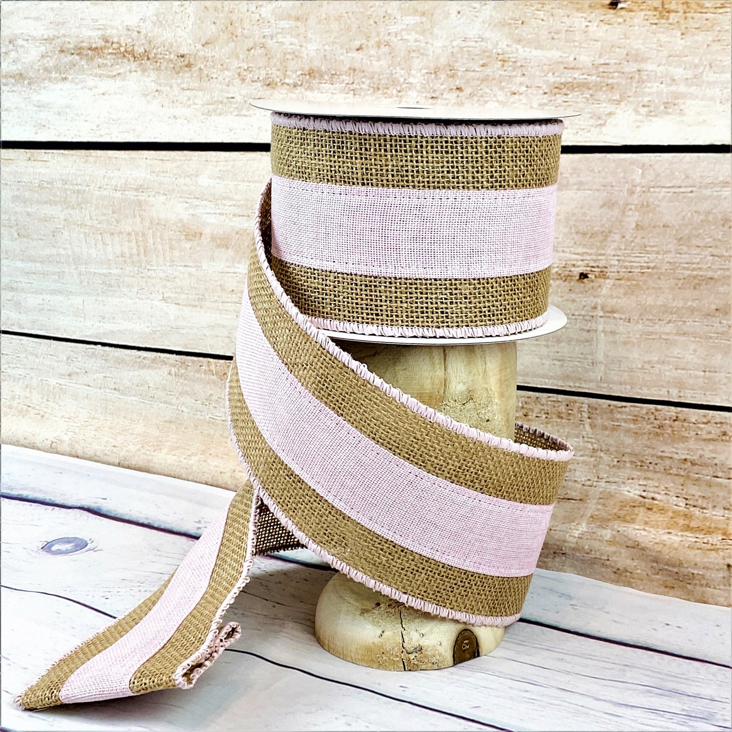 Farrisilk Pink and Burlap Ribbon, 4 Inch Wired Rustic Designer Ribbon, Farmhouse Style Trim, 10 Yard Roll