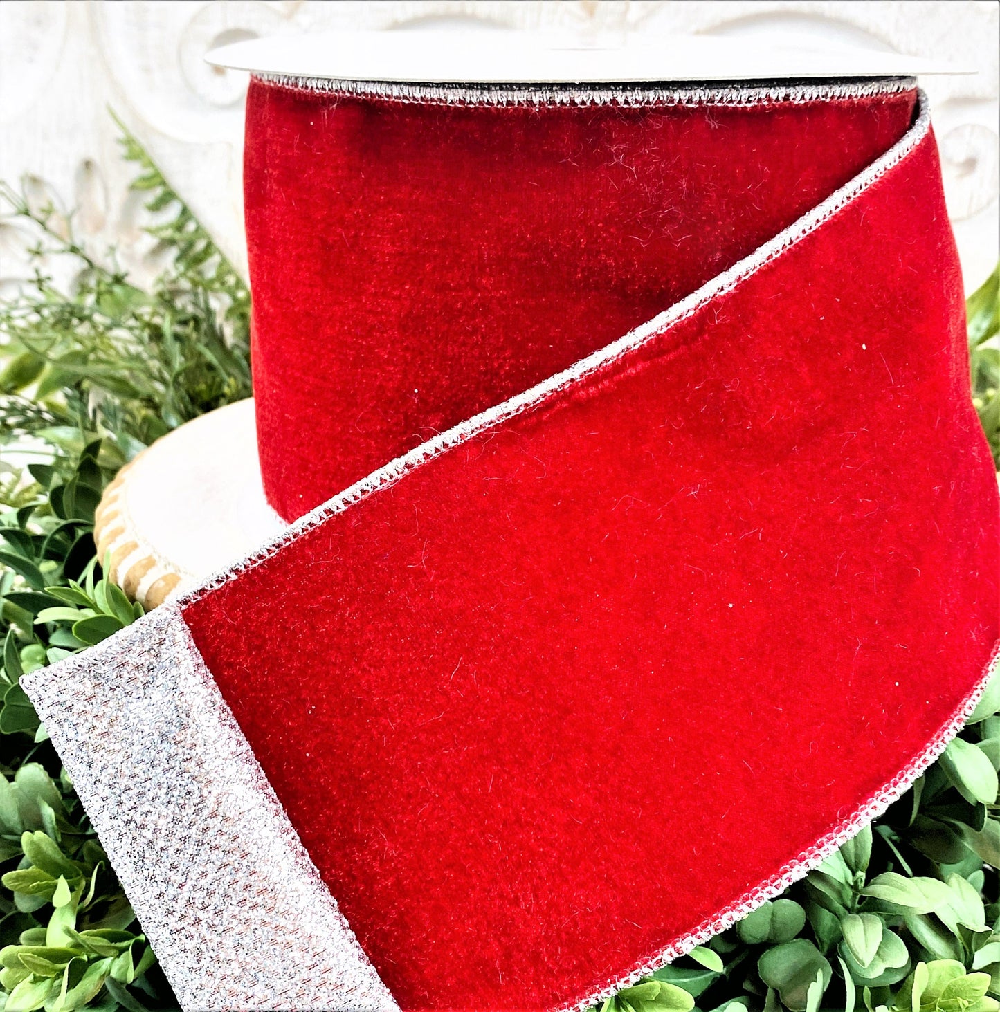 Red Velvet Ribbon, Glitter Velvet Ribbon, Red Glitter Ribbon, Red and Silver Ribbon, Christmas Ribbon, 4 Inch Wired Ribbon