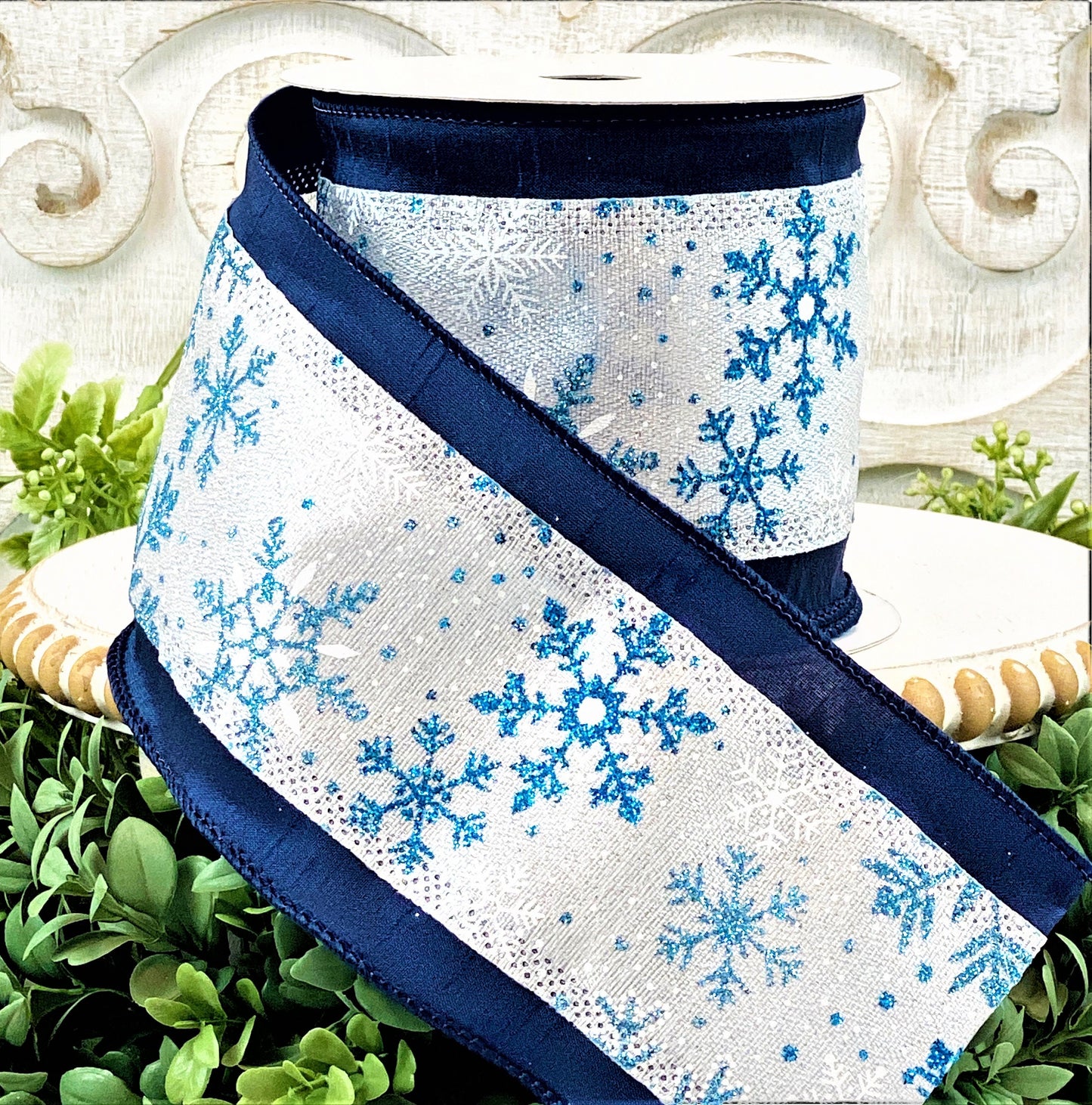 Glitter Snowflake Ribbon, Blue Snowflake Ribbon, Blue Christmas Ribbon, Winter Snowflake Ribbon, Blue Glitter Ribbon, Designer Snowflakes