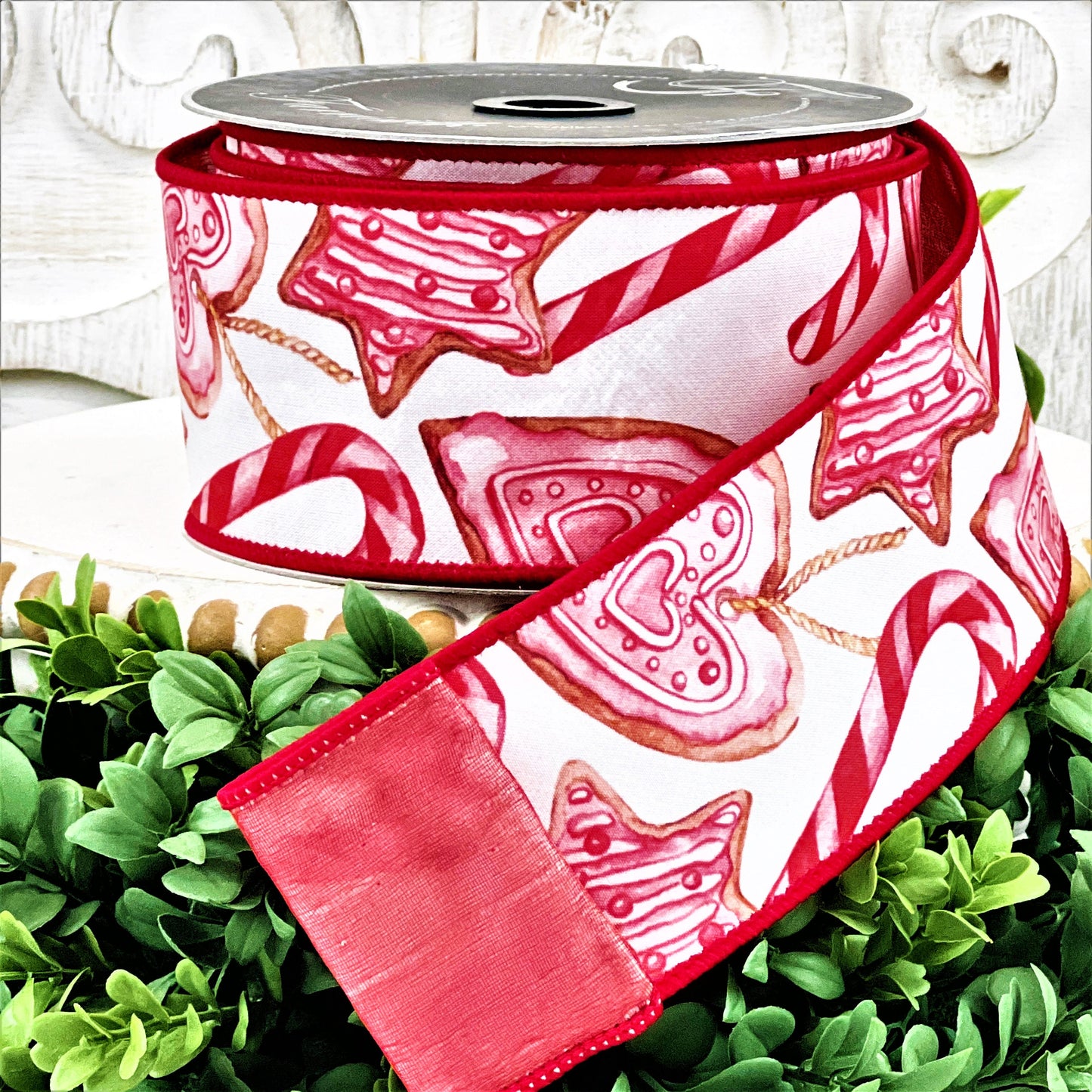 Farrisilk Gingerbread Ribbon, Christmas Cookie Ribbon, Red and White Christmas Ribbon, Sweet Treat Ribbon, Cookie Theme Ribbon, Candy Ribbon