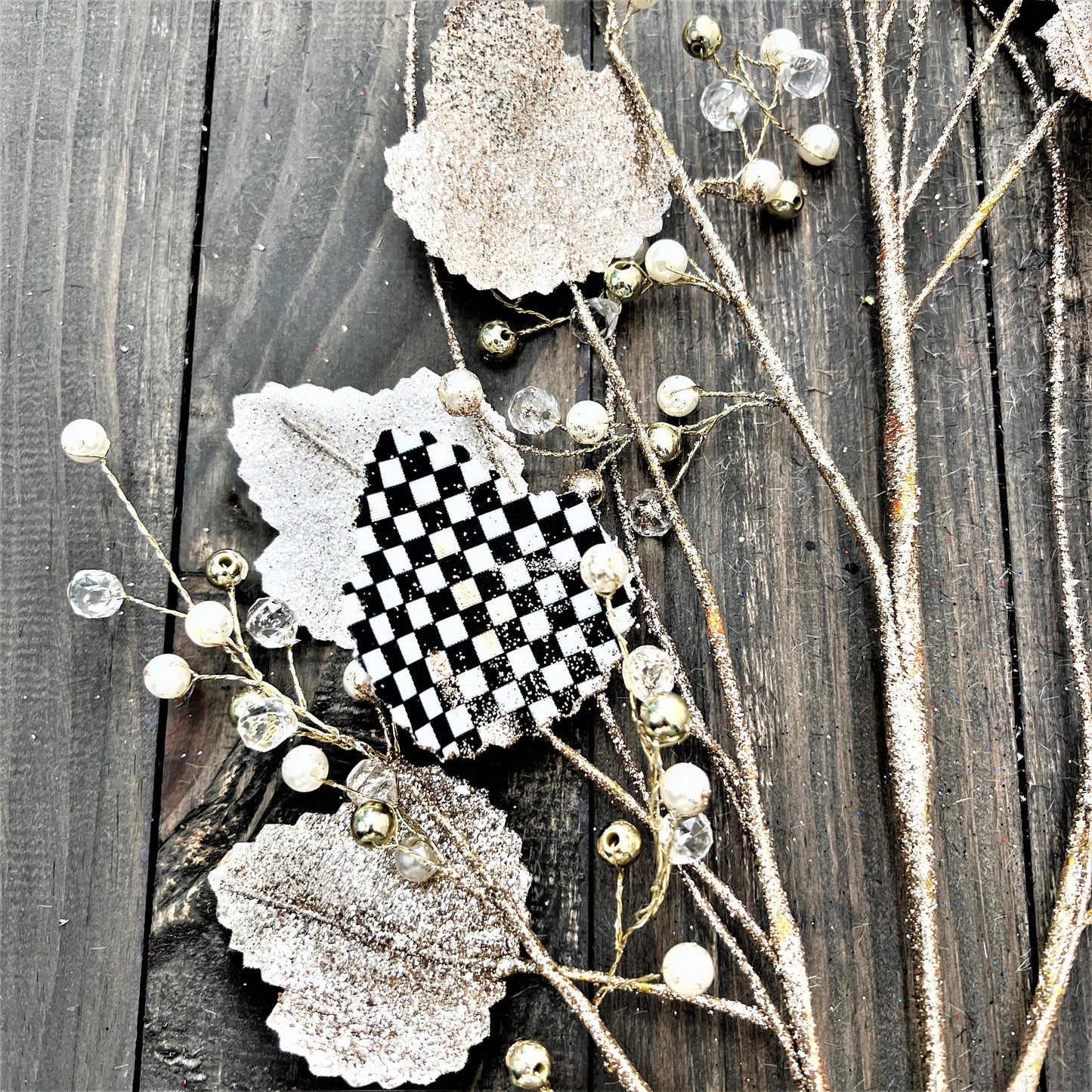 Gilded Harlequin Spray, Fall Floral Spray, Christmas Floral, Mark Roberts Harlequin Floral Spray, Gold Floral Spray, Black and White Floral