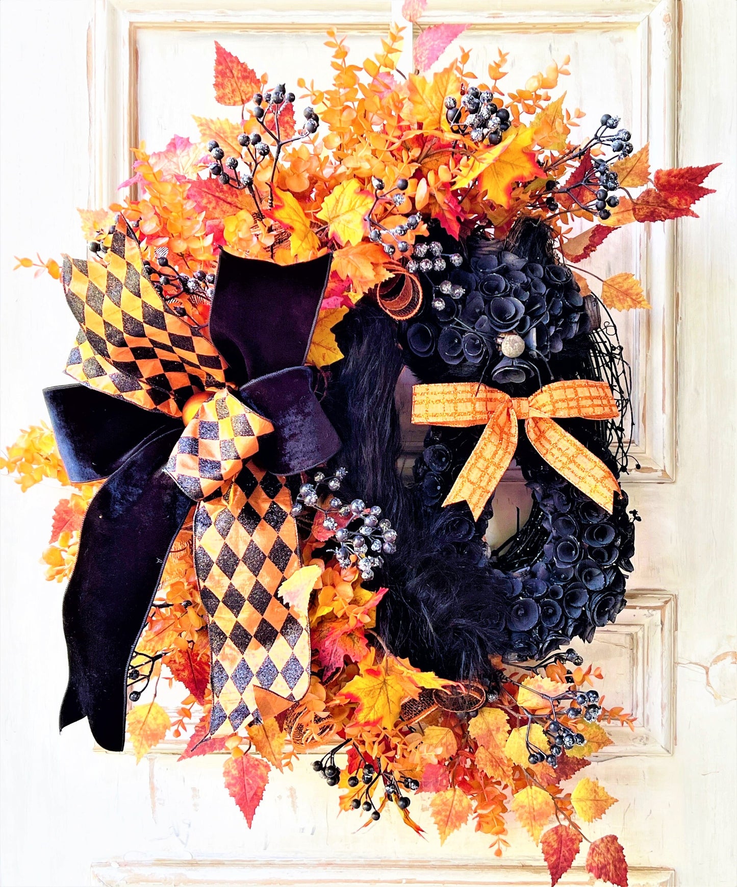 Cat Wreath for Front Door, Fall Cat Wreath, Hallowen Cat Wreath, Autmn Wreath, Black Cat Wreath, Black Cat Decor, Halloween Decor
