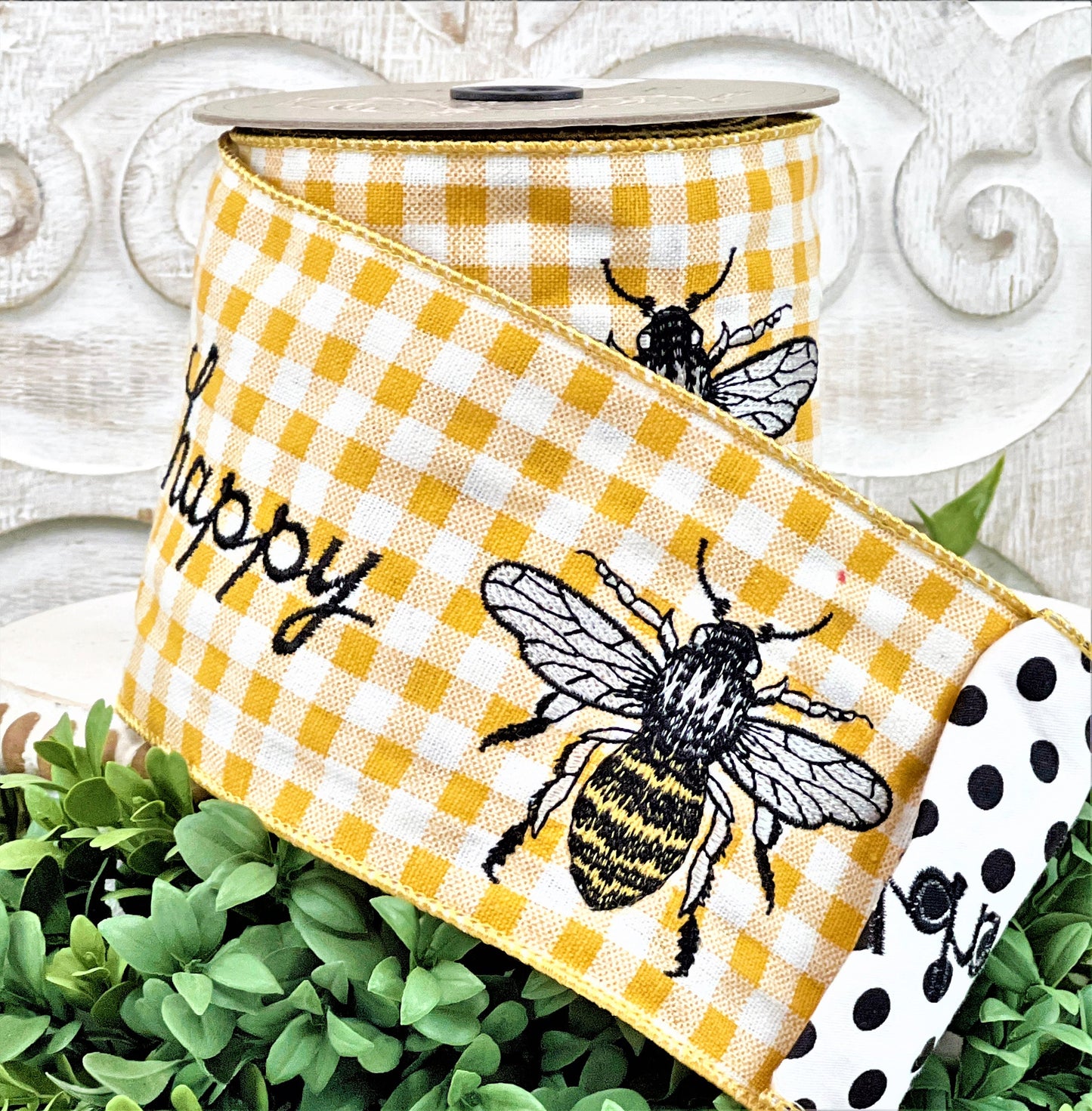 Bee Ribbon, Summer Bee Ribbon, D Stevens Bee Ribbon, Yellow Checked Bee Ribbon, Embroidered Bee Ribbon, Bee Happy Ribbon, 4 Inch Ribbon