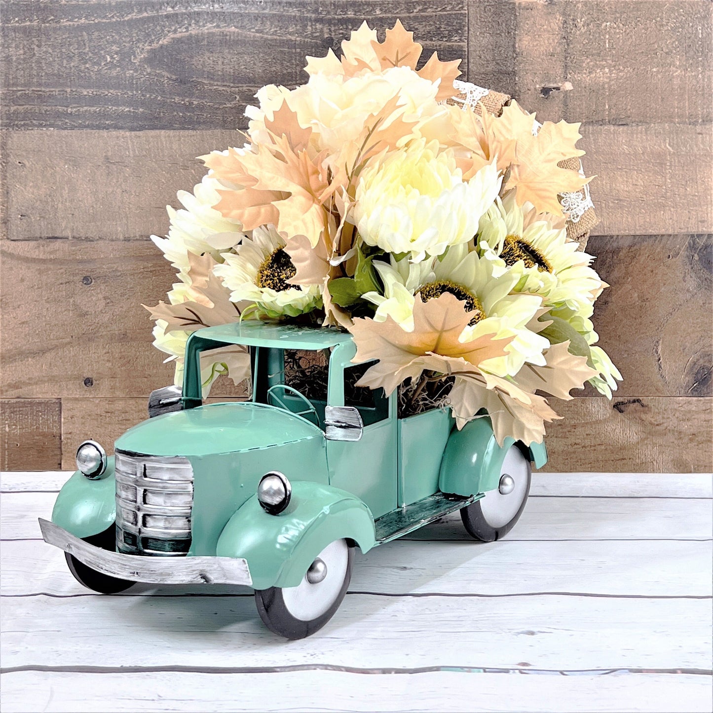 Fall Rustic Truck Centerpiece, Teal Truck Centerpiece, Vintage Truck with Sunflowers, Thanksgiving Decor, Fall Boho Decor