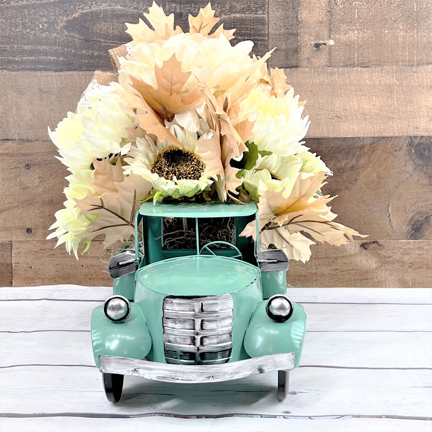 Fall Rustic Truck Centerpiece, Teal Truck Centerpiece, Vintage Truck with Sunflowers, Thanksgiving Decor, Fall Boho Decor