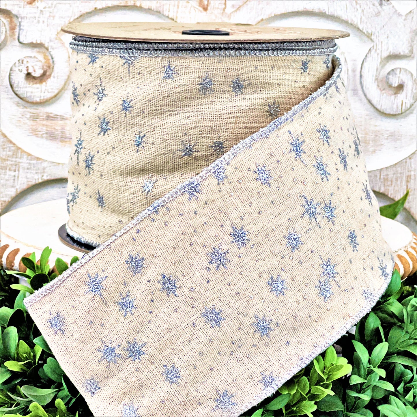 D Stevens Snowflake Ribbon, Natural and Silver Winter Ribbon, 4" Wired Holiday Ribbon, Christmas Tree Ribbon, Elegant Seasonal Decor