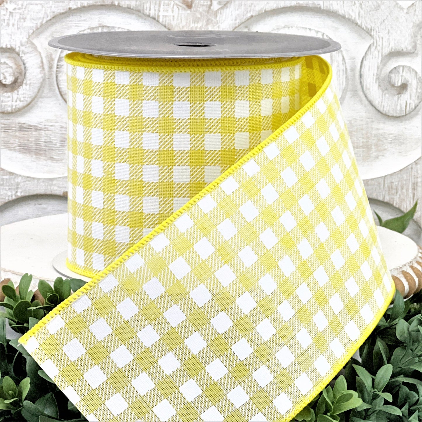 Yellow and White Check Ribbon, Gingham Ribbon, Farrisilk Picnic Check Ribbon, 4 Inch Wired ribbon, Yellow Ribbon, Wired Floral Ribbon
