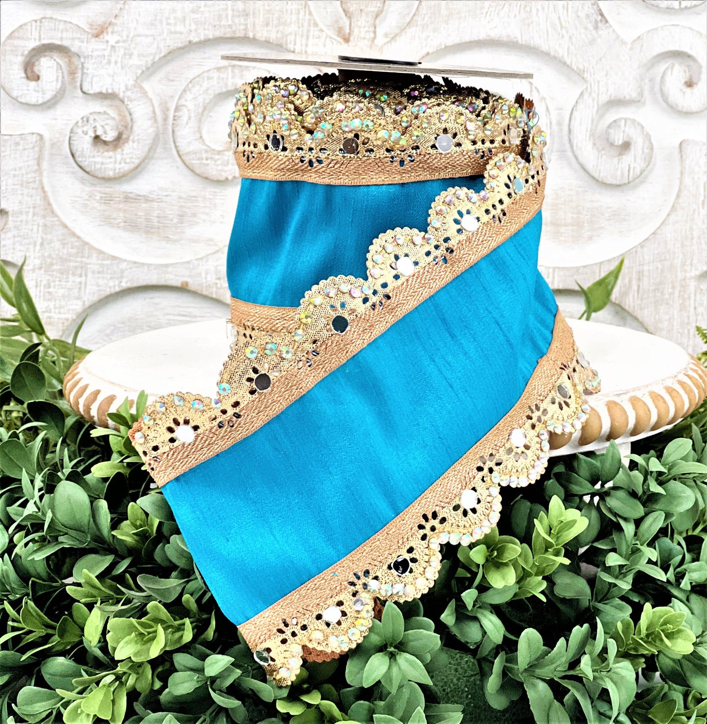 Blue Jewel Trim Ribbon, Blue and Gold Ribbon, Blue Christmas Ribbon, Blue Ribbon with Gold Lace Trim, D Stevens Ribbon, Designer Ribbon