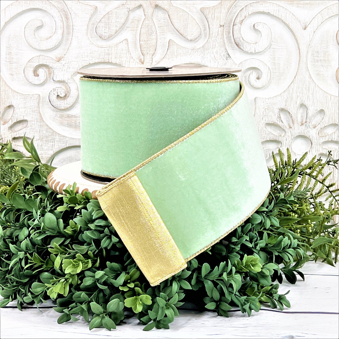 Mint Green Velvet Ribbon, Two Sided Velvet Ribbon, Green Velvet Ribbon, 4" Velvet Ribbon, Mint Green Ribbon, D Stevens Ribbon