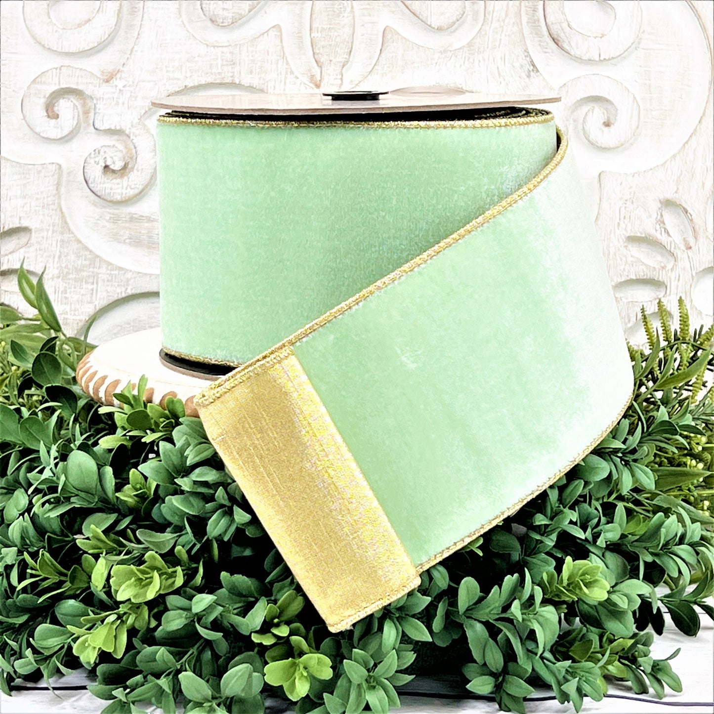 Mint Green Velvet Ribbon, Two Sided Velvet Ribbon, Green Velvet Ribbon, 4" Velvet Ribbon, Mint Green Ribbon, D Stevens Ribbon