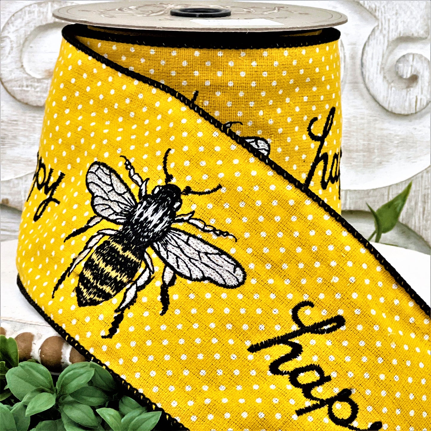 Bee Ribbon, D Stevens Ribbon, Polka Dot Ribbon, Spring Decor, Wired Bee Ribbon,  Bumble Bee ribbon,Embroidered Bee Ribbon,  Spring Ribbon