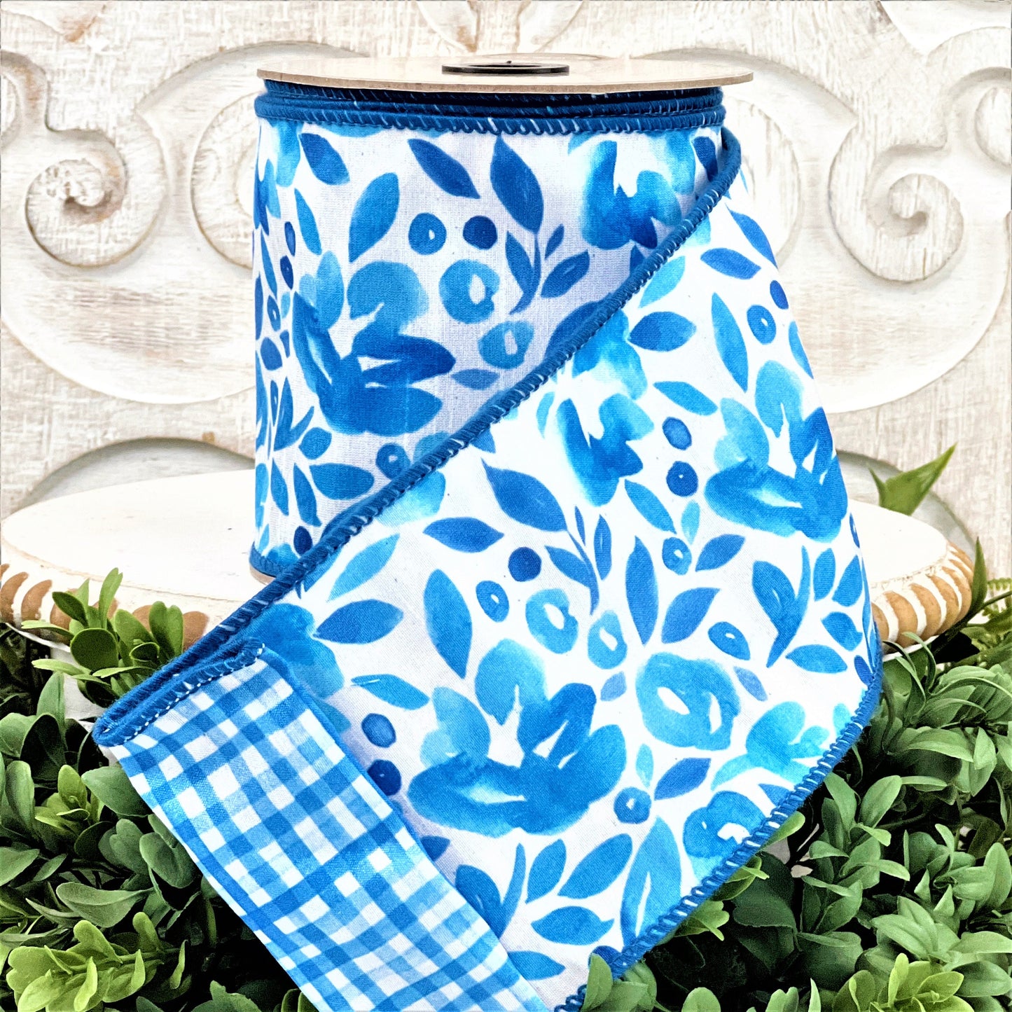 D Stevens Blue Floral Ribbon, Watercolor Roses with Plaid Back, 2.5 or 4 Inch Wired Designer Ribbon, Double Sided, 10 Yard Roll