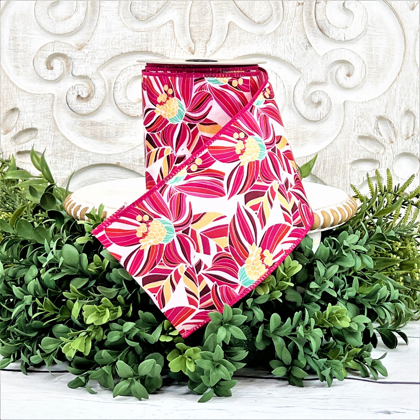 D Stevens Tropical Floral Ribbon, Summer Floral Ribbon, Wired Floral Ribbon, Grosgrain Pink and Teal Ribbon, Designer Floral Ribbon