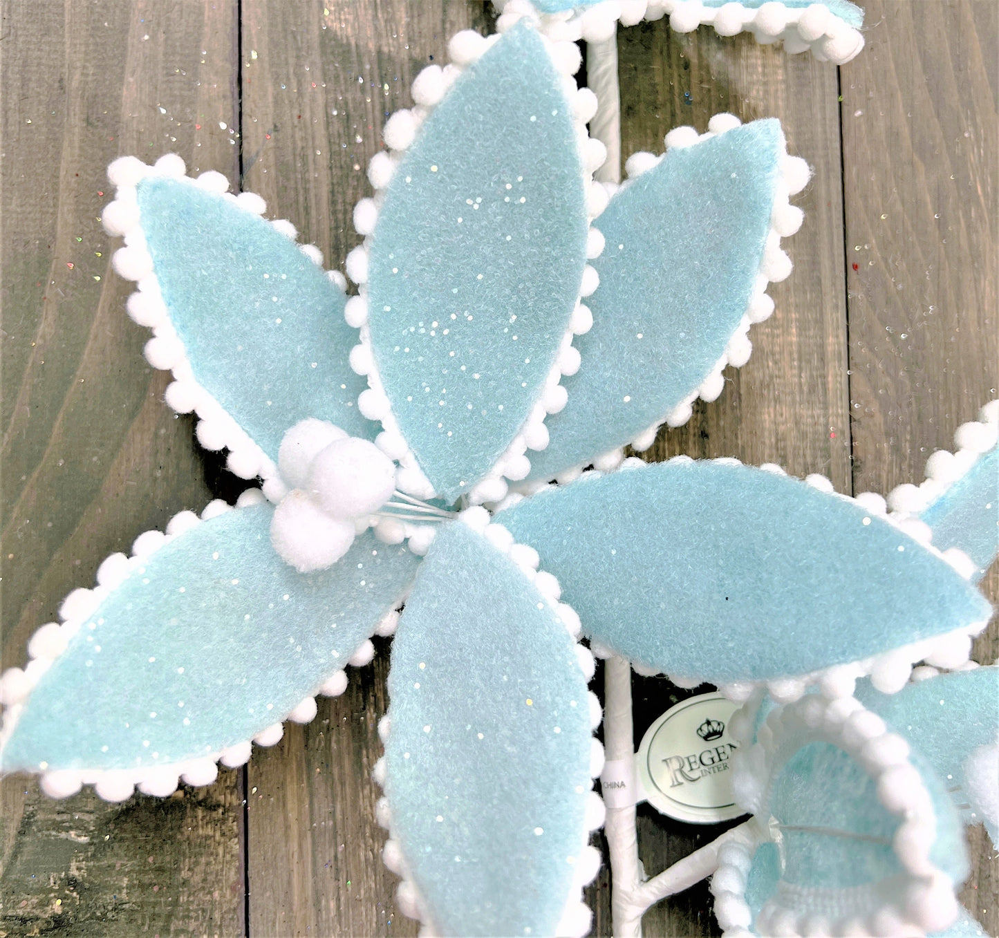 24" Frosted Poinsettia Stem, Candy Poinsettia Stem, Blue Poinsettia, Christmas Floral,Blue Wedding Decor, Triple Poinsettia Stem