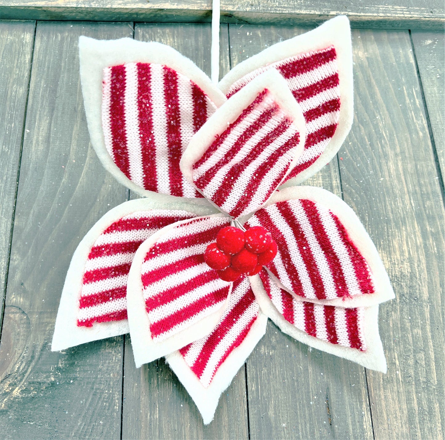 24" Frosted Peppermint Poinsettia, Peppermint Poinsettia Stem, Frosted Poinsettia Stem, Red and White Poinsettia Stem, Christmas Floral Stem