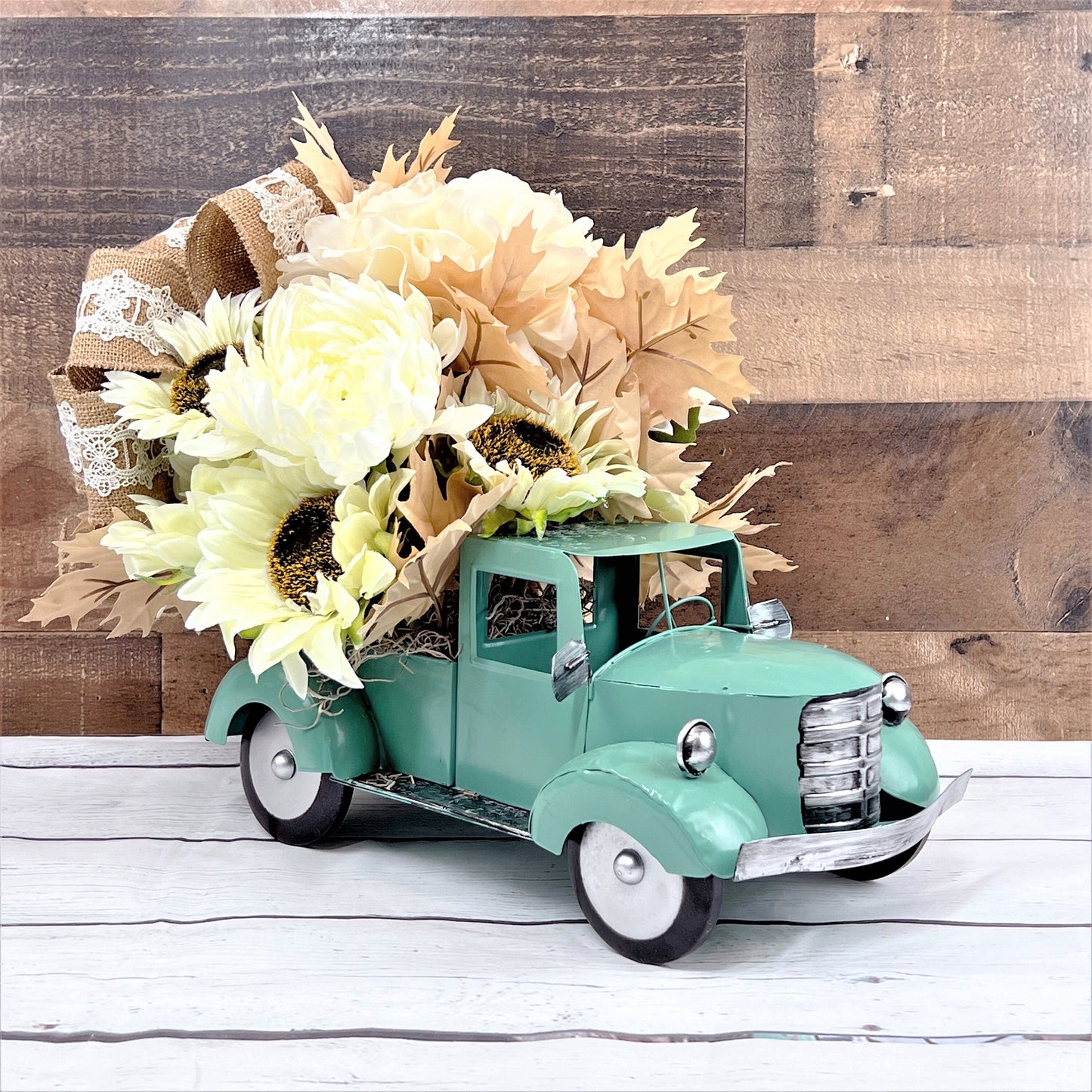 Fall Rustic Truck Centerpiece, Teal Truck Centerpiece, Vintage Truck with Sunflowers, Thanksgiving Decor, Fall Boho Decor