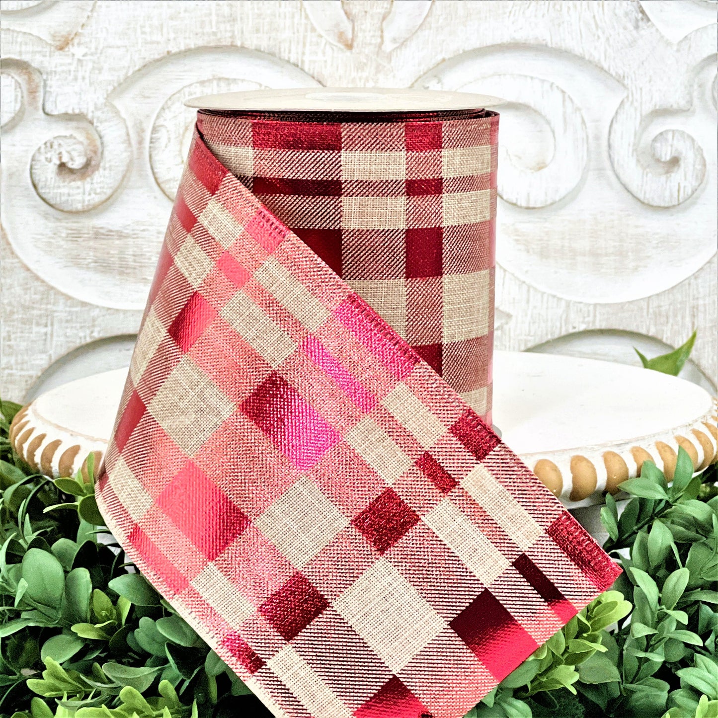 Red Plaid Christmas Ribbon, D Stevens Ribbon, Red Holiday Ribbon, Rustic Christmas Ribbon, Traditional Xmas Ribbon,  Wreath Making Supply