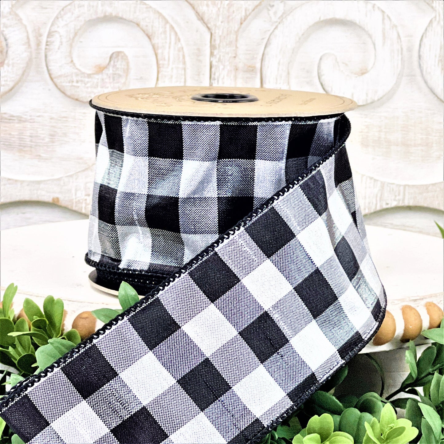 D Stevens Black and Silver Metallic Check Ribbon, 2.5 Inch Wired Designer Ribbon, Luxe Small Plaid Trim, 10 Yard Roll
