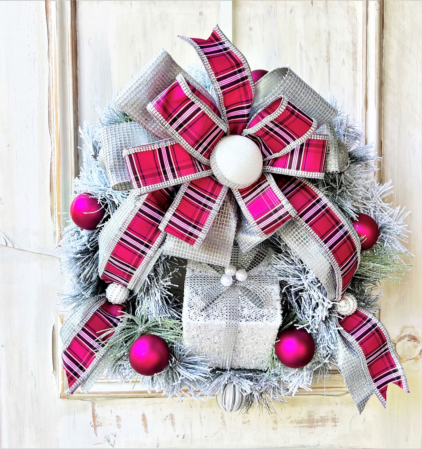 Pink Christmas Wreath for Front Door, Jeweled Christmas Wreath, Tartan Wreath, Glam Wreath, Elegant Christmas Wreath, Holiday Winter Decor