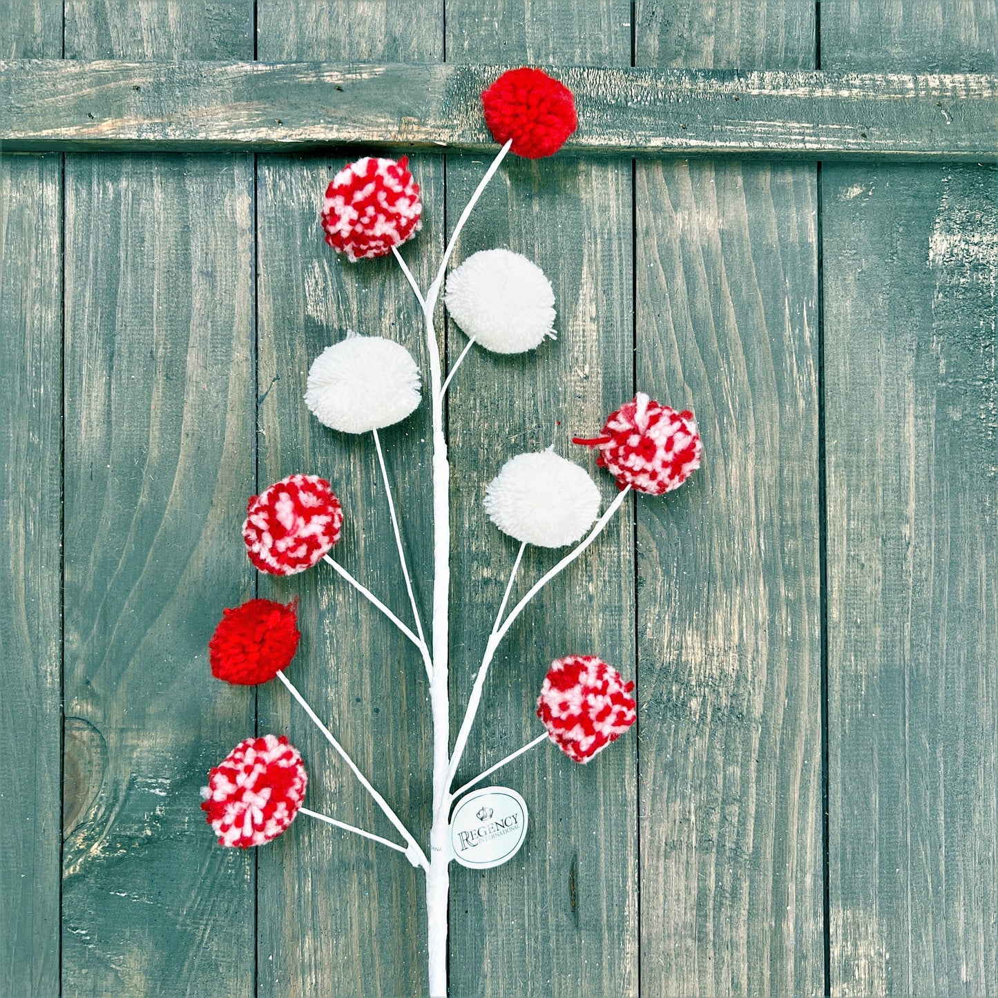 Peppermint Pompom Ball Spray, 23" Peppermint Spray, Red and White Christmas Spray, Holiday Floral Spray, Red And White Pompom Spray