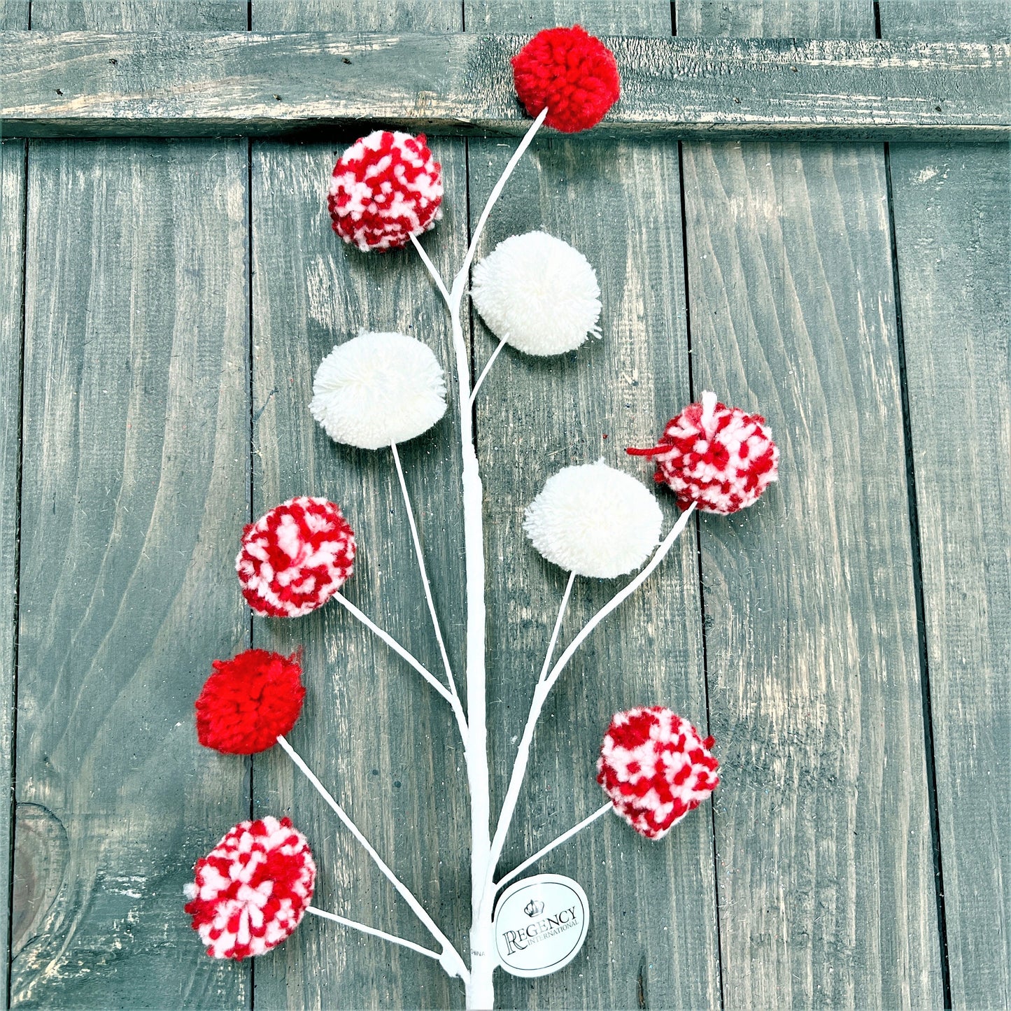 Peppermint Pompom Ball Spray, 23" Peppermint Spray, Red and White Christmas Spray, Holiday Floral Spray, Red And White Pompom Spray