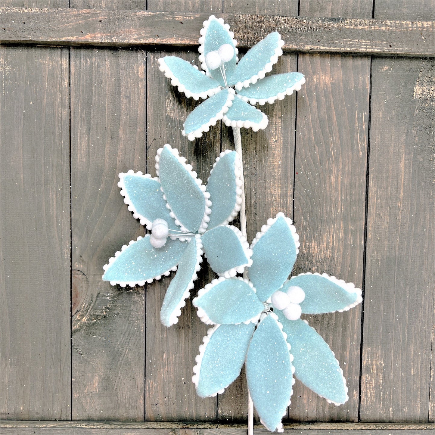 24" Frosted Poinsettia Stem, Candy Poinsettia Stem, Blue Poinsettia, Christmas Floral,Blue Wedding Decor, Triple Poinsettia Stem