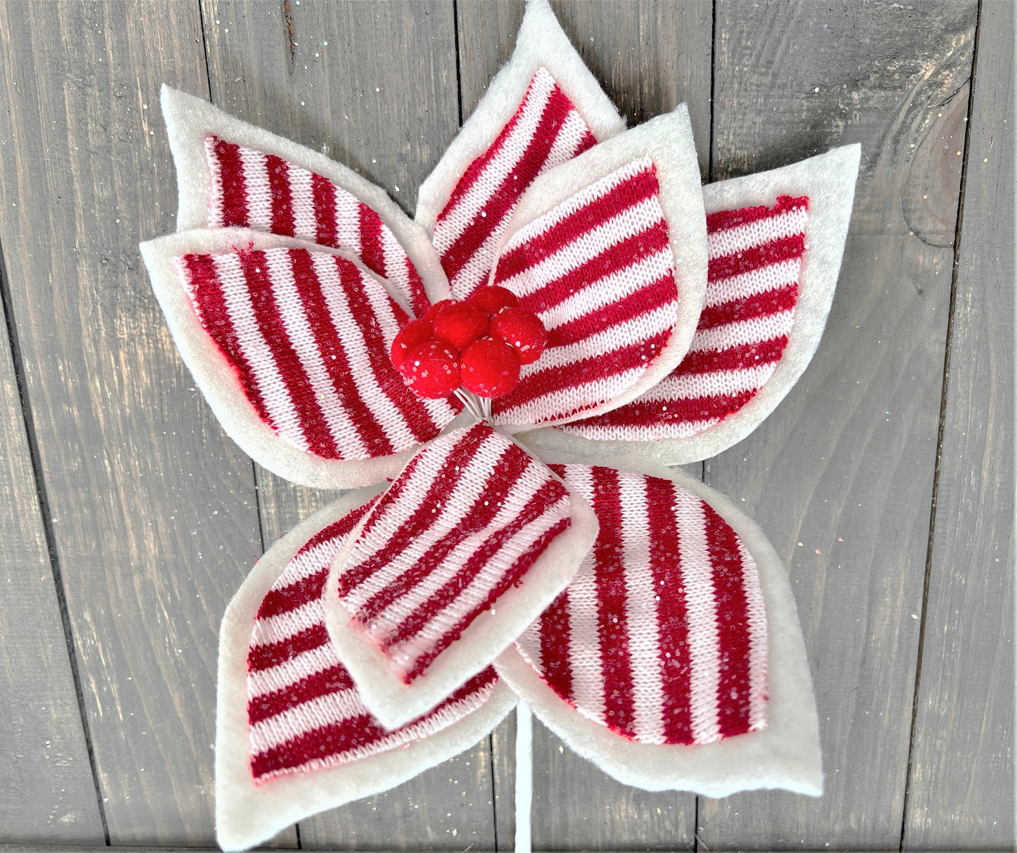 24" Frosted Peppermint Poinsettia, Peppermint Poinsettia Stem, Frosted Poinsettia Stem, Red and White Poinsettia Stem, Christmas Floral Stem