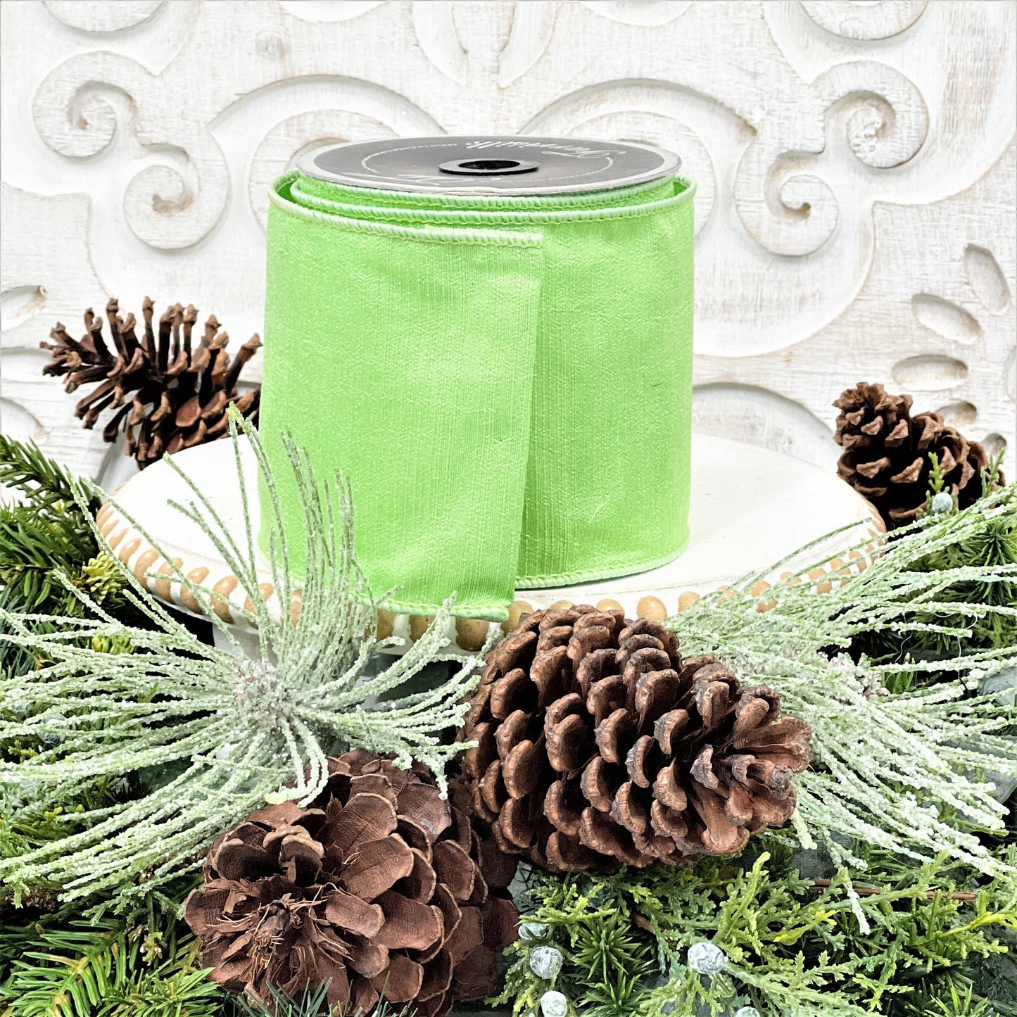 Farrisilk Mint Green Silk Ribbon, Mint Ribbon, Green Ribbon, 4 Inch Wired Mint Ribbon, Shabby Silk Ribbon, Christmas Ribbon