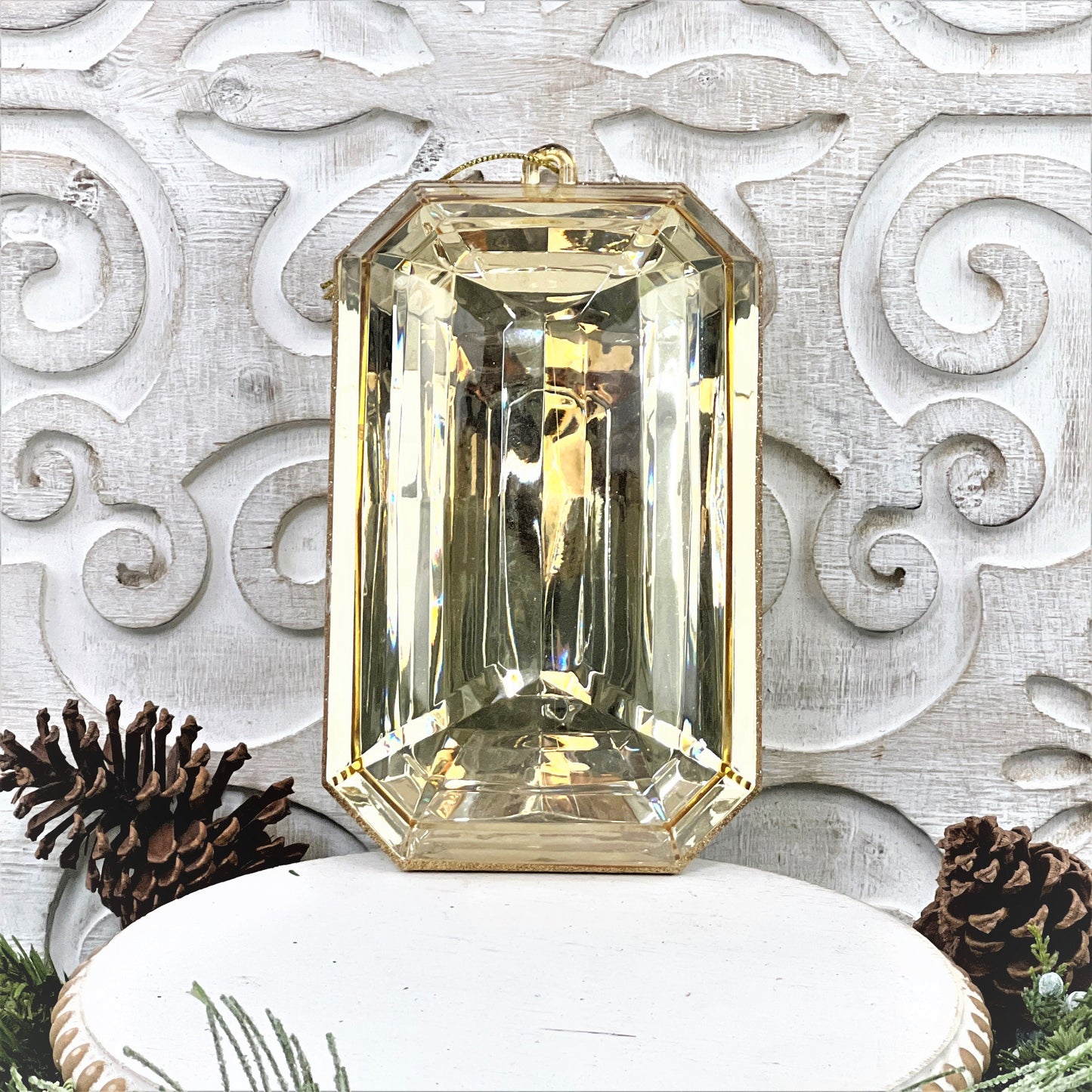 8”Christmas ornament, large jewel ornament, Farrisilk jewel, wreath supplies, large gold ornament, xmas tree ornament, plastic ornament