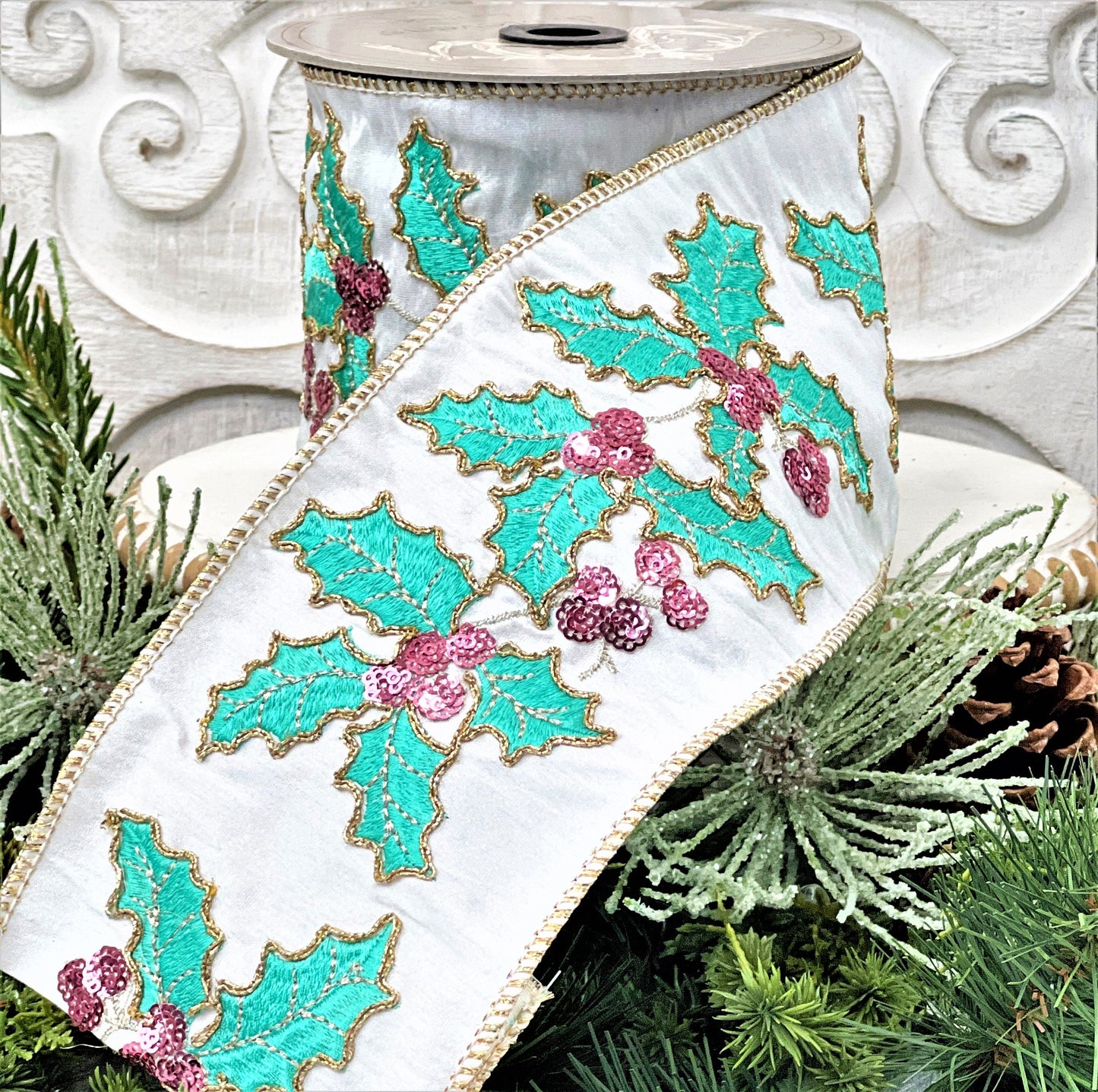 Christmas Holly Ribbon, Aqua Christmas Ribbon, D Stevens Embroidered Holly ribbon, Jeweled Christmas Ribbon, 4 Inch Wired Ribbon,