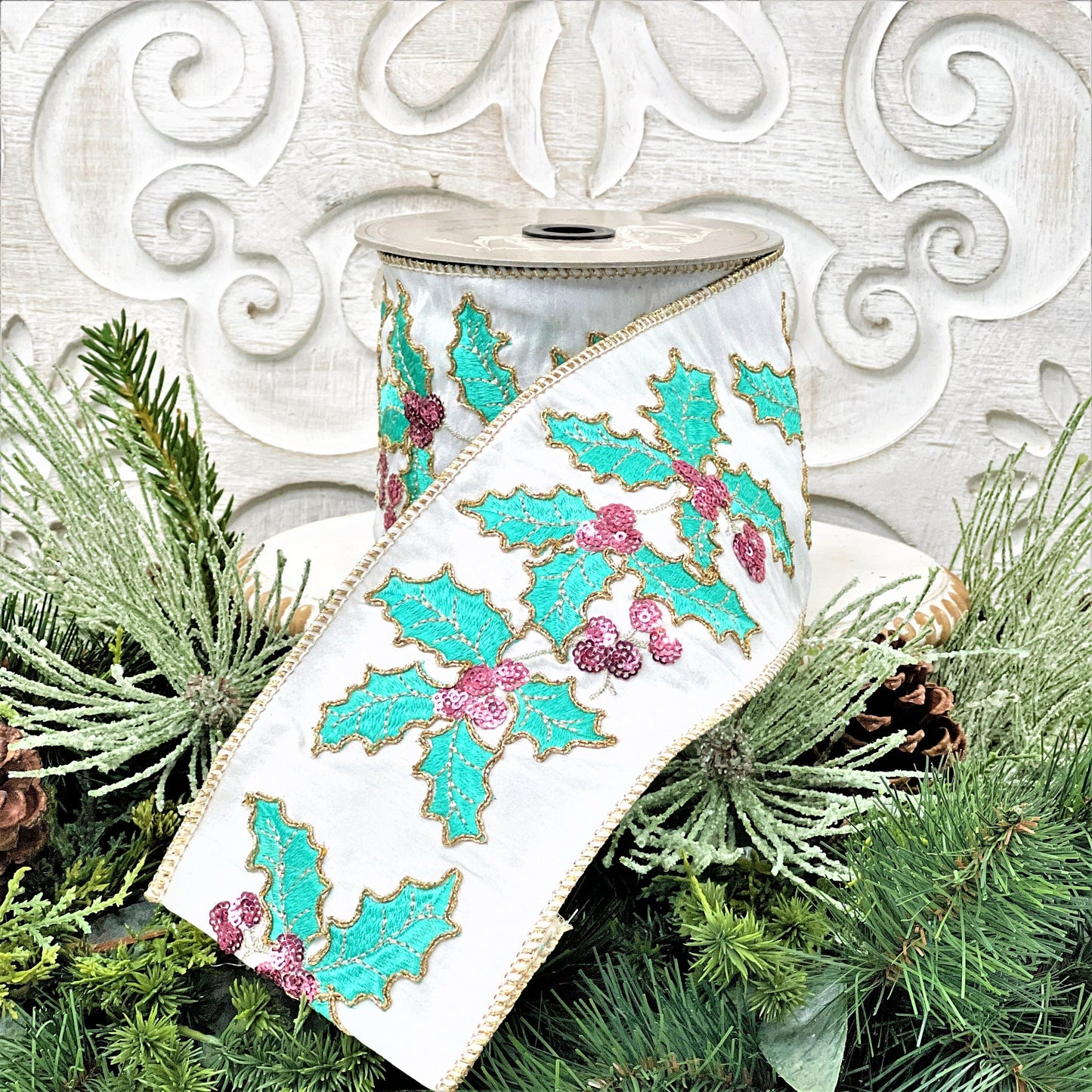 Christmas Holly Ribbon, Aqua Christmas Ribbon, D Stevens Embroidered Holly ribbon, Jeweled Christmas Ribbon, 4 Inch Wired Ribbon,