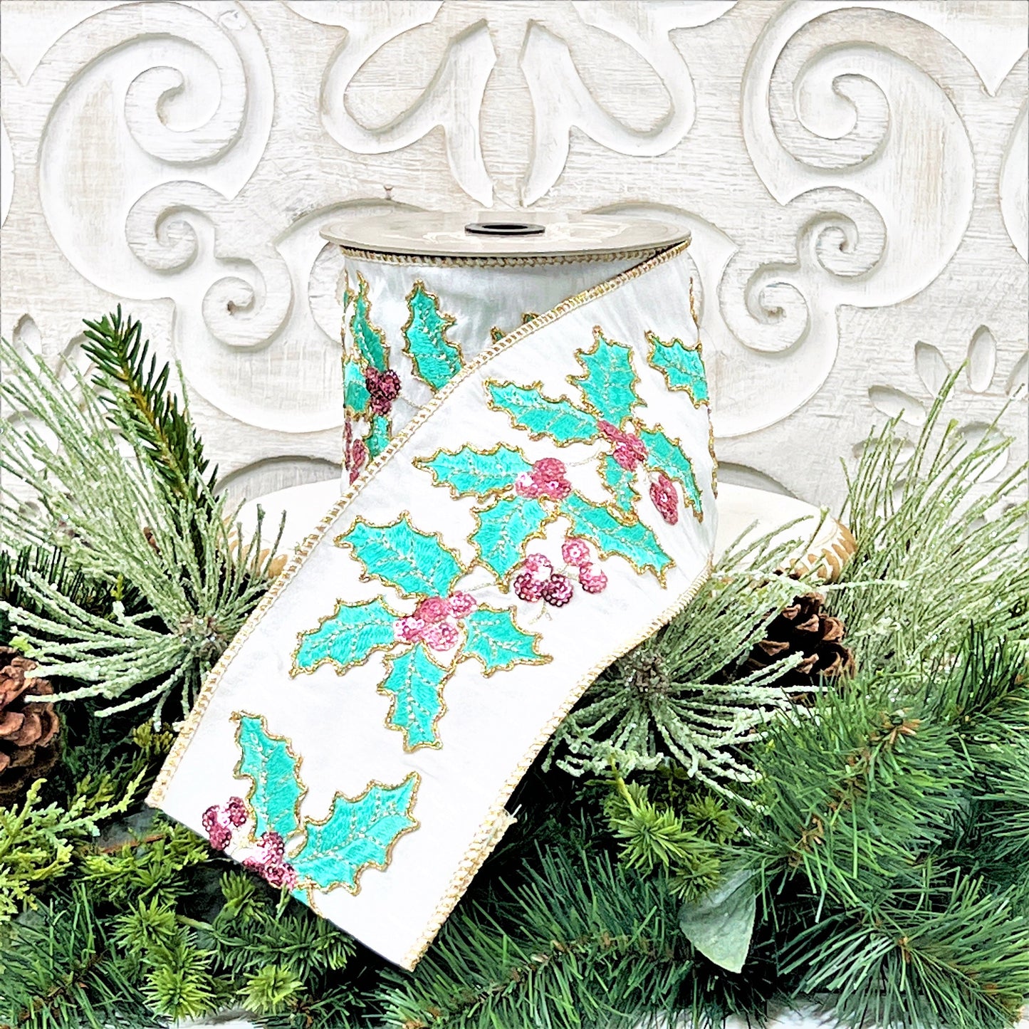 Christmas Holly Ribbon, Aqua Christmas Ribbon, D Stevens Embroidered Holly ribbon, Jeweled Christmas Ribbon, 4 Inch Wired Ribbon,