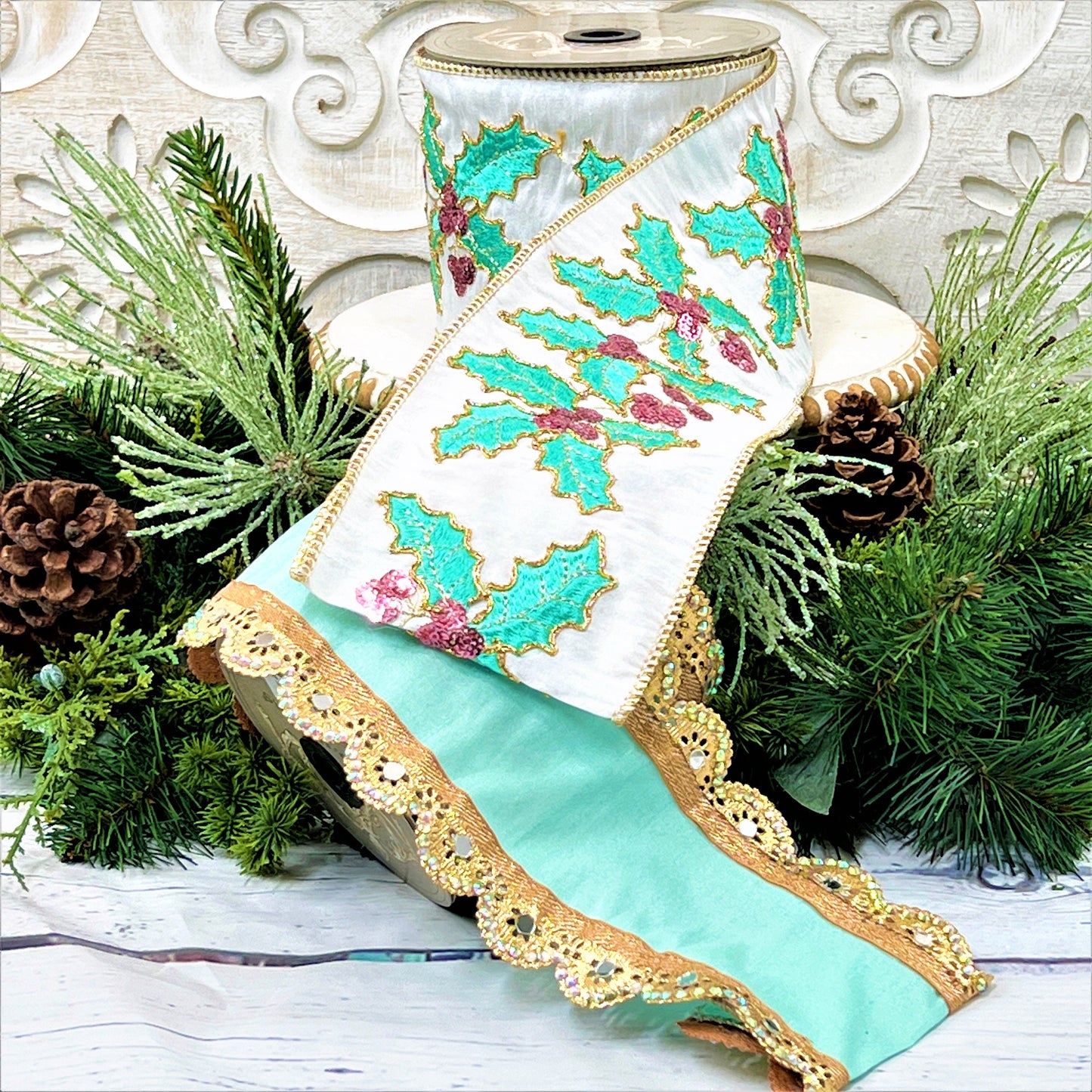 Christmas Holly Ribbon, Aqua Christmas Ribbon, D Stevens Embroidered Holly ribbon, Jeweled Christmas Ribbon, 4 Inch Wired Ribbon,