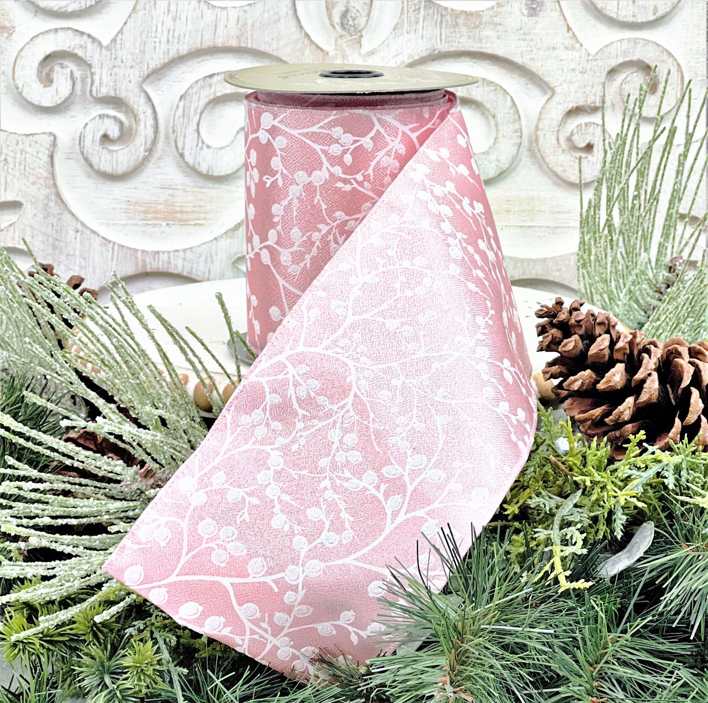 Pink Glitter ribbon, Matte Foil Glitter Ribbon, Winter Berry Ribbon, Pink Christmas Ribbon, Glittered Berry Ribbon, Pink and White Ribbon