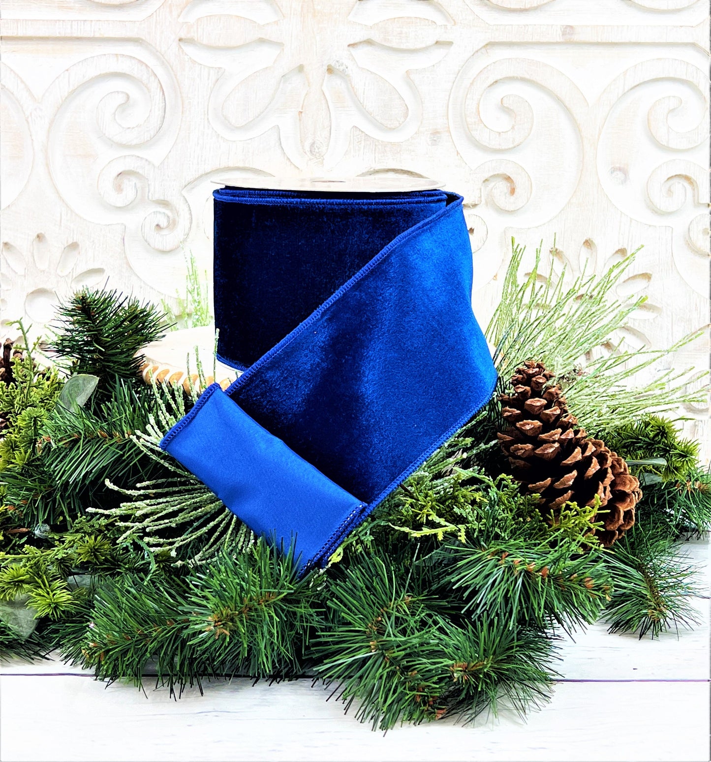 Farrisilk Midnight Blue Velveteen Ribbon, 4 Inch Wired Designer Ribbon, Luxury Navy Blue Trim, 10 Yard Roll for Elegant Decor