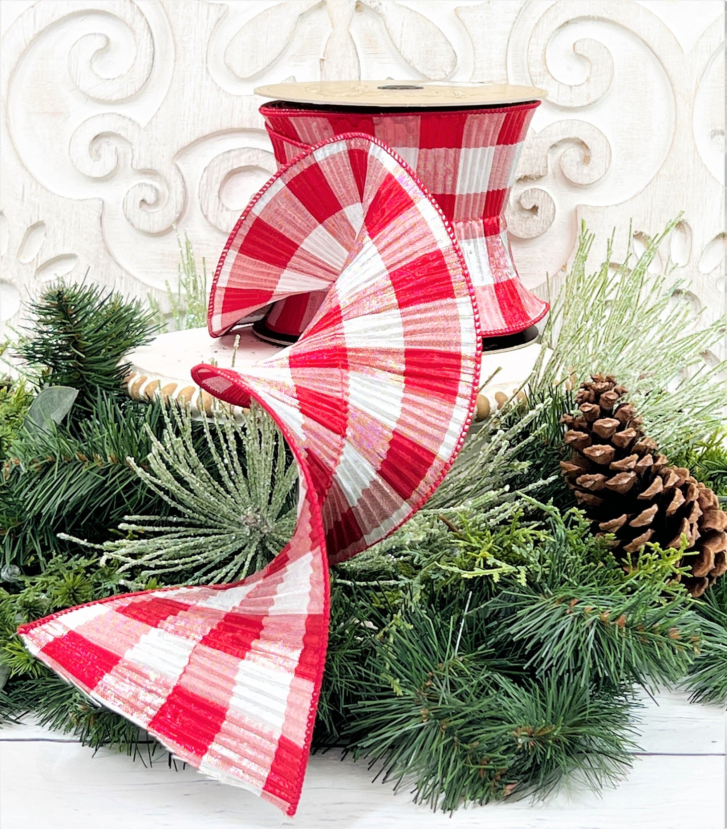 5 Inch Fluted Ribbon, Red and White Fluted Ribbon, D Stevens Ribbon, Fluted Lame Check Ribbon, Red White Check Ribbon, Holiday Ribbon