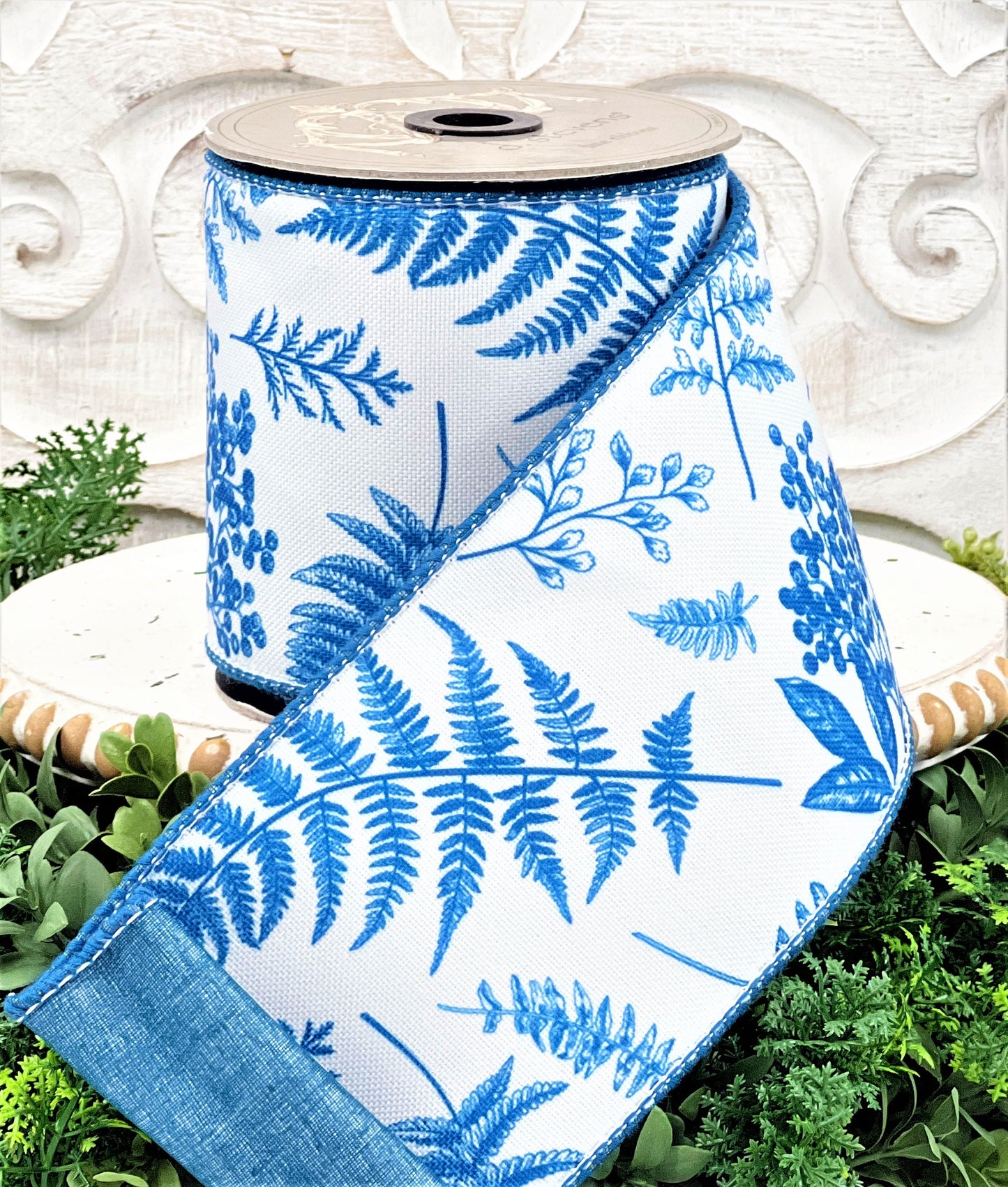 D Stevens Blue Botanical Ribbon, 4 Inch Wired Floral Designer Ribbon, White and Blue Fern Print, 10 Yard Roll for Elegant Decor