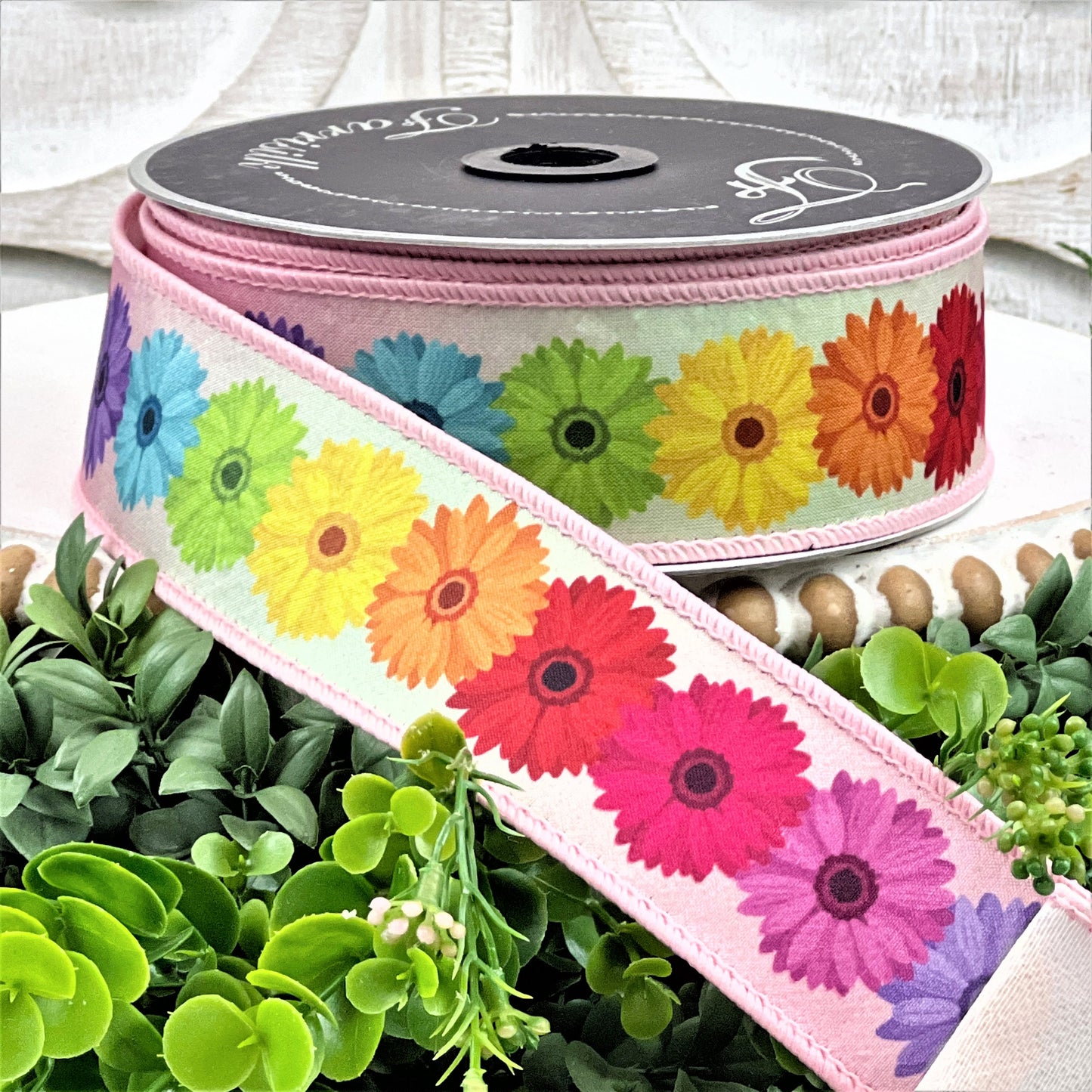 Farrisilk Pink Floral Ribbon, Multicolor Ribbon, Daisy Ribbon, Flower Ribbon, Rainbow Daisy Ribbon, Purple Floral Ribbon, Daisy Chain Ribbon