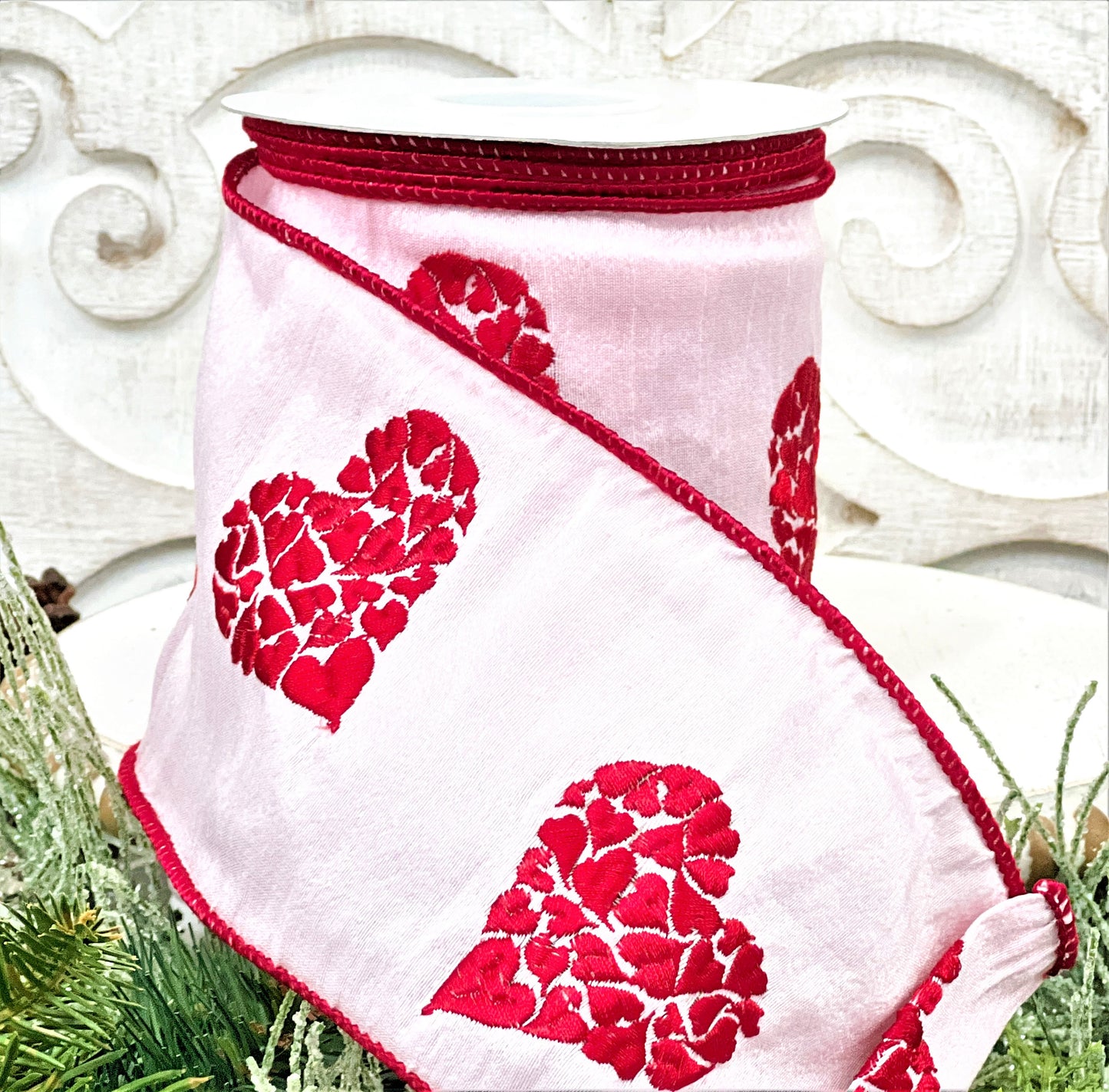 Valentine Embroidered Hearts Ribbon, Pink and Red Hearts Ribbon, 4” Wired Ribbon, Valentine Ribbon, Valentine Decor, Wedding Decor