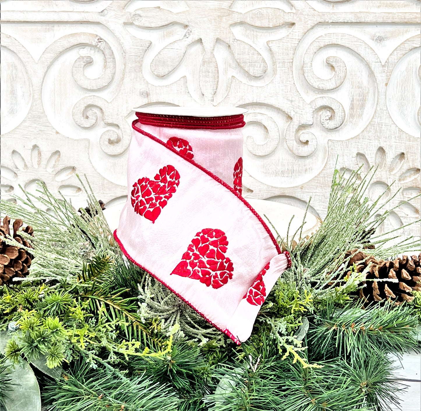 Valentine Embroidered Hearts Ribbon, Pink and Red Hearts Ribbon, 4” Wired Ribbon, Valentine Ribbon, Valentine Decor, Wedding Decor