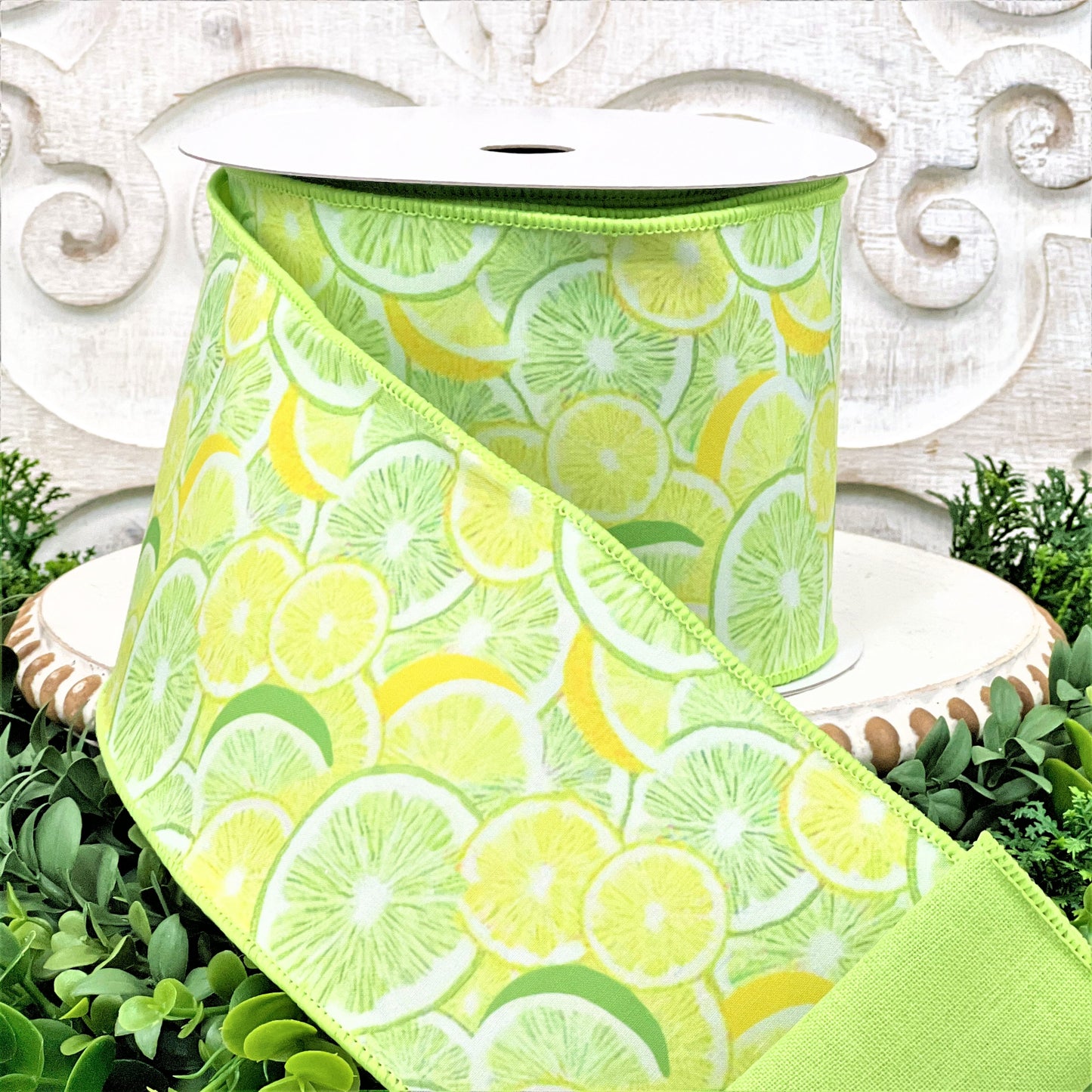 Farrisilk Mixed Citrus Ribbon, 4 Inch Summer Fruit Ribbon, Lime and Lemon Wired Ribbon for Wreaths, Decor, Gift Wrap, Floral Designs
