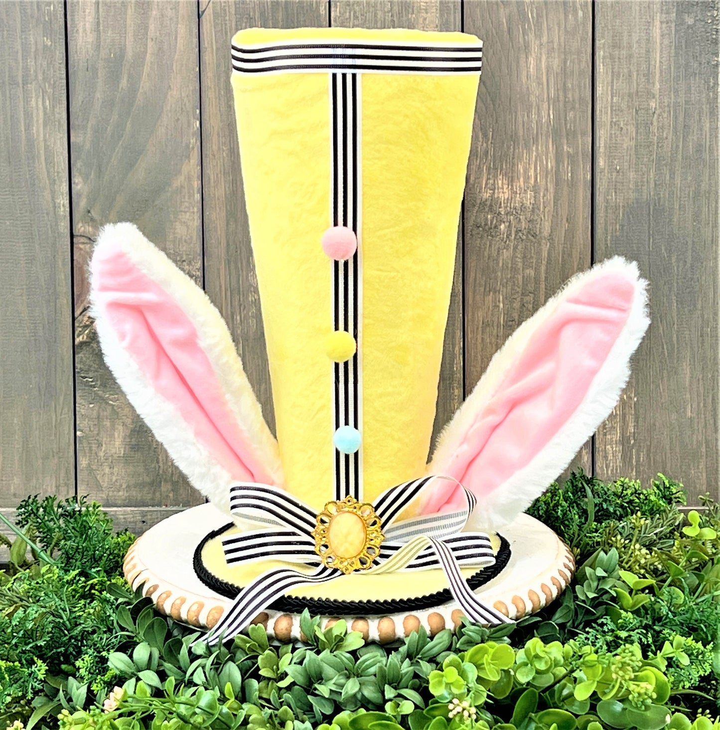 Velvet and Stripe Bunny Ear Hat, Yellow Bunny Ear Hat, Bunny Ear Wreath Attachment, Bunny Hat Wreath Embellishment, Bunny Ears, Easter Decor