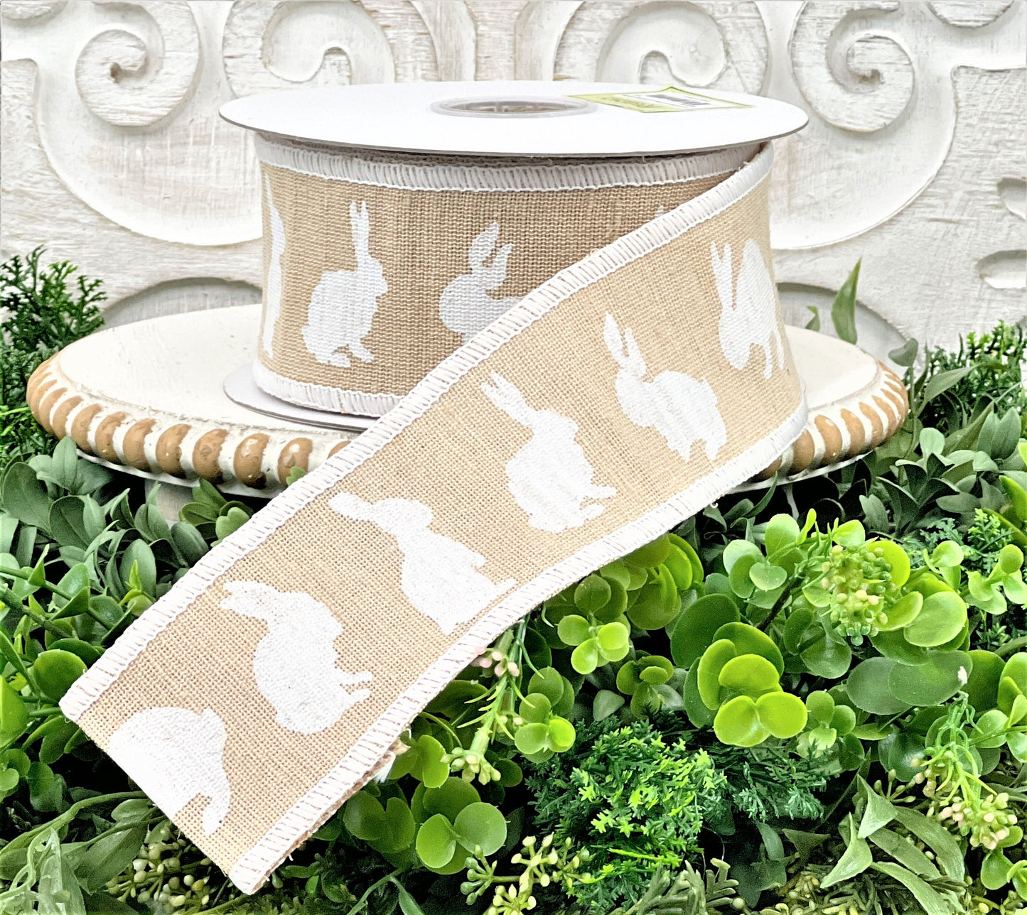 2.5" Bunny Ribbon, Wired Easter Bunny Ribbon, Cotton Jute Bunny Ribbon, Boho Easter Ribbon, Farmhouse Easter Ribbon, White Bunny Ribbon