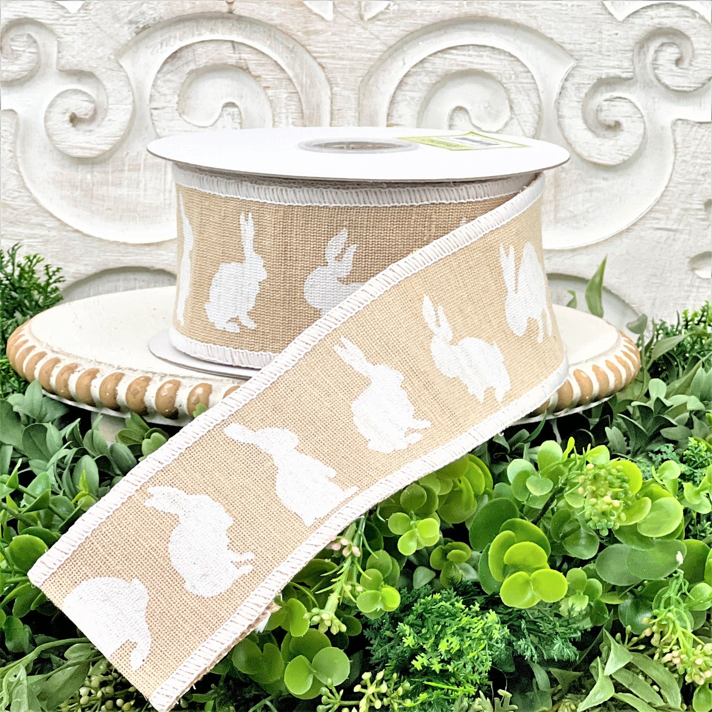 2.5" Bunny Ribbon, Wired Easter Bunny Ribbon, Cotton Jute Bunny Ribbon, Boho Easter Ribbon, Farmhouse Easter Ribbon, White Bunny Ribbon