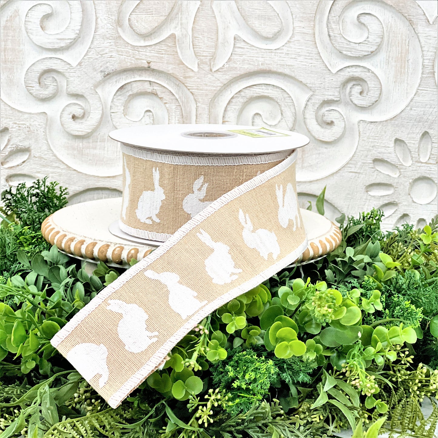 2.5" Bunny Ribbon, Wired Easter Bunny Ribbon, Cotton Jute Bunny Ribbon, Boho Easter Ribbon, Farmhouse Easter Ribbon, White Bunny Ribbon