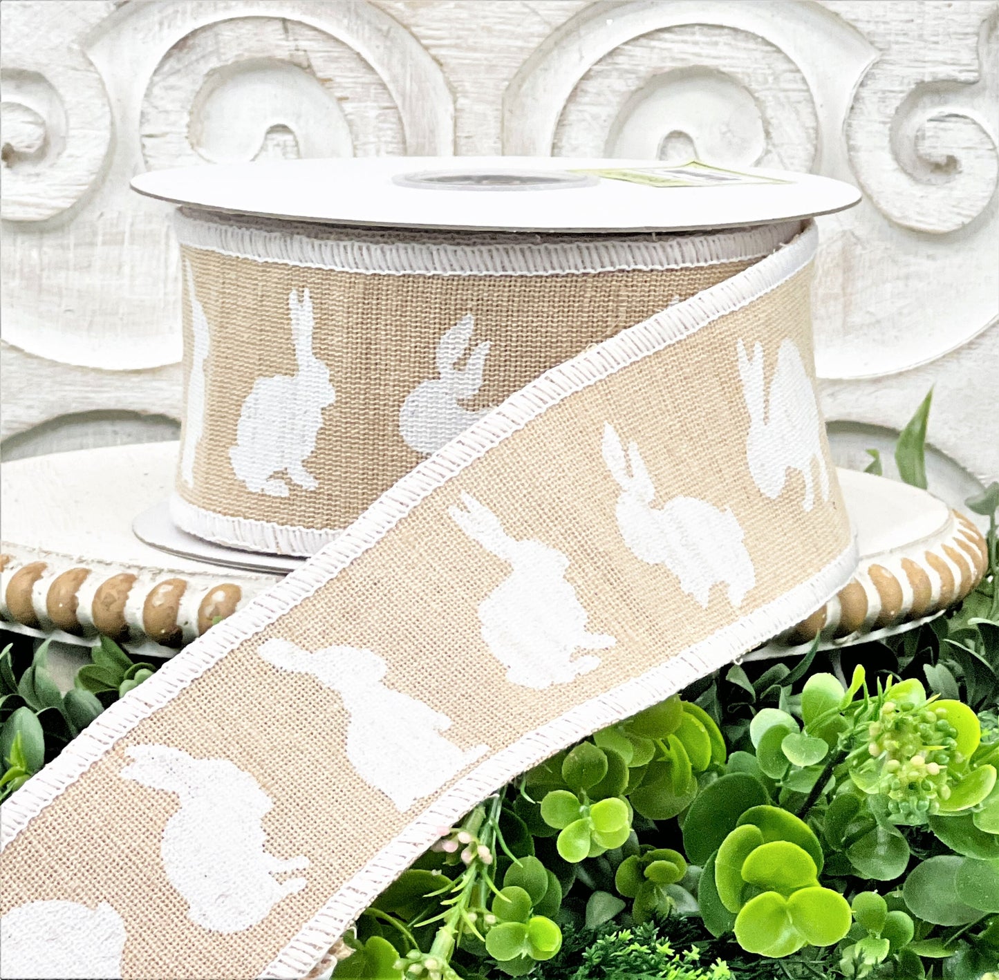 2.5" Bunny Ribbon, Wired Easter Bunny Ribbon, Cotton Jute Bunny Ribbon, Boho Easter Ribbon, Farmhouse Easter Ribbon, White Bunny Ribbon